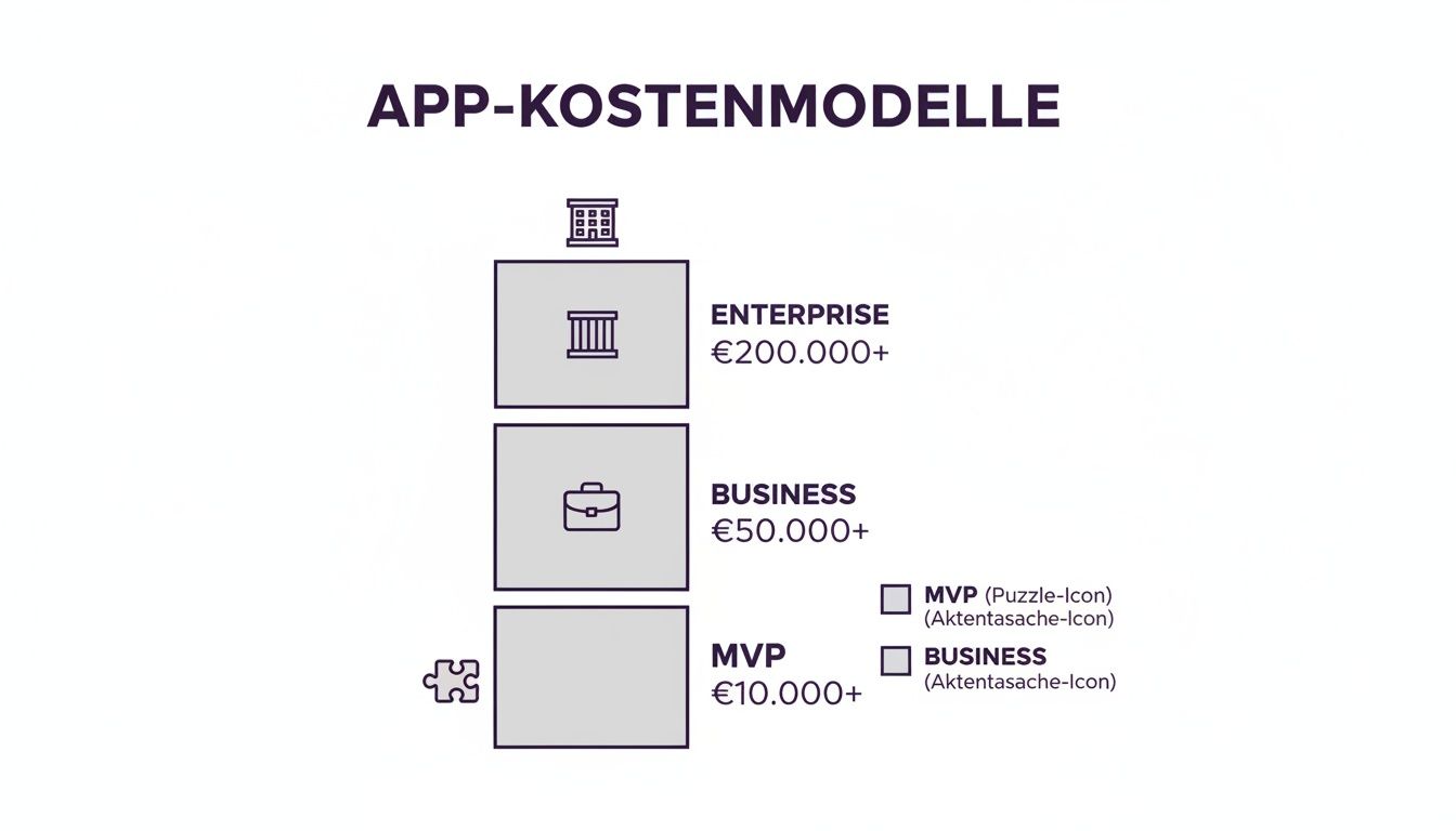 Übersicht der App-Kostenmodelle mit Preiskategorien für MVP, Business und Enterprise Entwicklung.