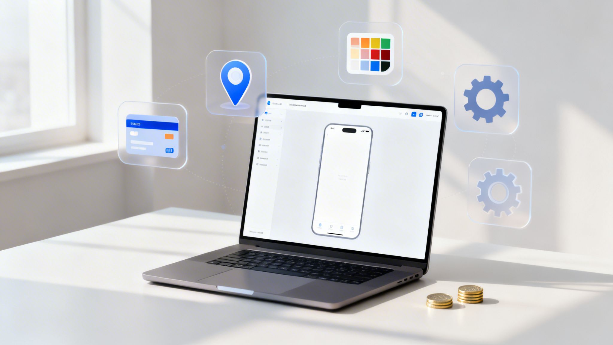Laptop zeigt eine App-Entwicklungsumgebung mit Smartphone-Display und schwebenden Icons wie Standort, Einstellungen und Kreditkarte.