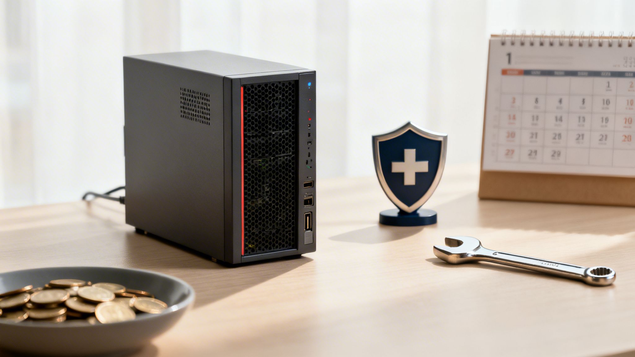 Ein NAS-Server auf einem Schreibtisch mit Schutzschild, Schraubenschlüssel, Kalender und Münzen, symbolisiert Datenschutz und Wartung.