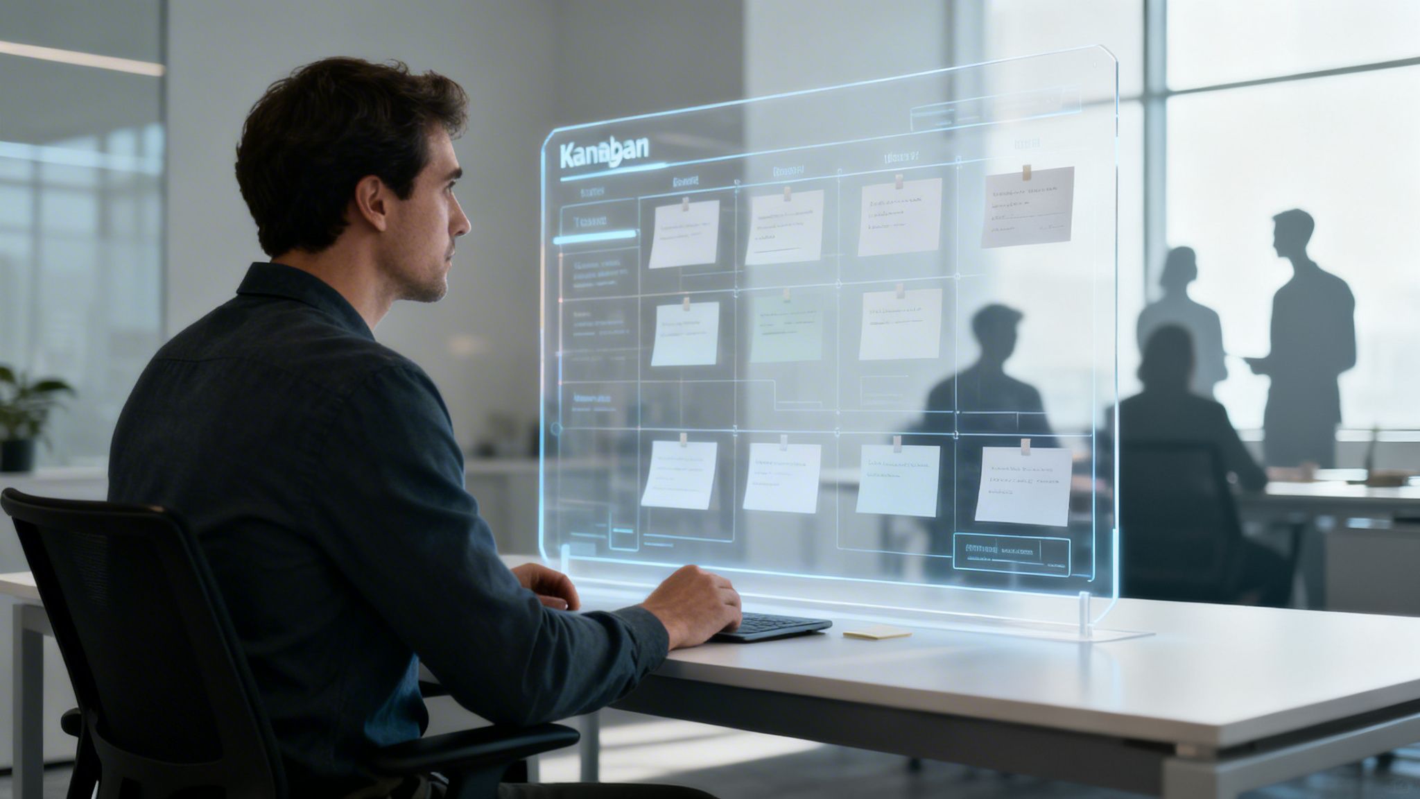 Ein Mann sitzt an einem Schreibtisch und betrachtet einen holografischen Bildschirm mit einem Kanban-Board.
