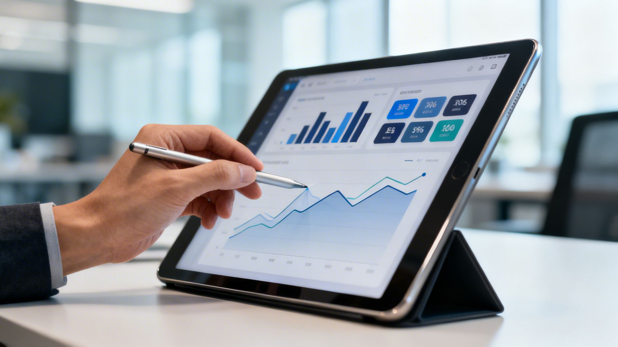 Hand mit Stylus tippt auf Tablet mit Geschäftsdiagrammen und Datenanalyse in einem Büro.