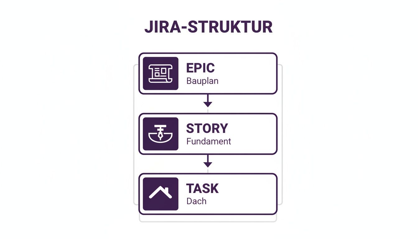 Jira-Struktur, die Epics, Stories und Tasks hierarchisch darstellt, vergleichbar mit Bauplan, Fundament und Dach eines Hauses.