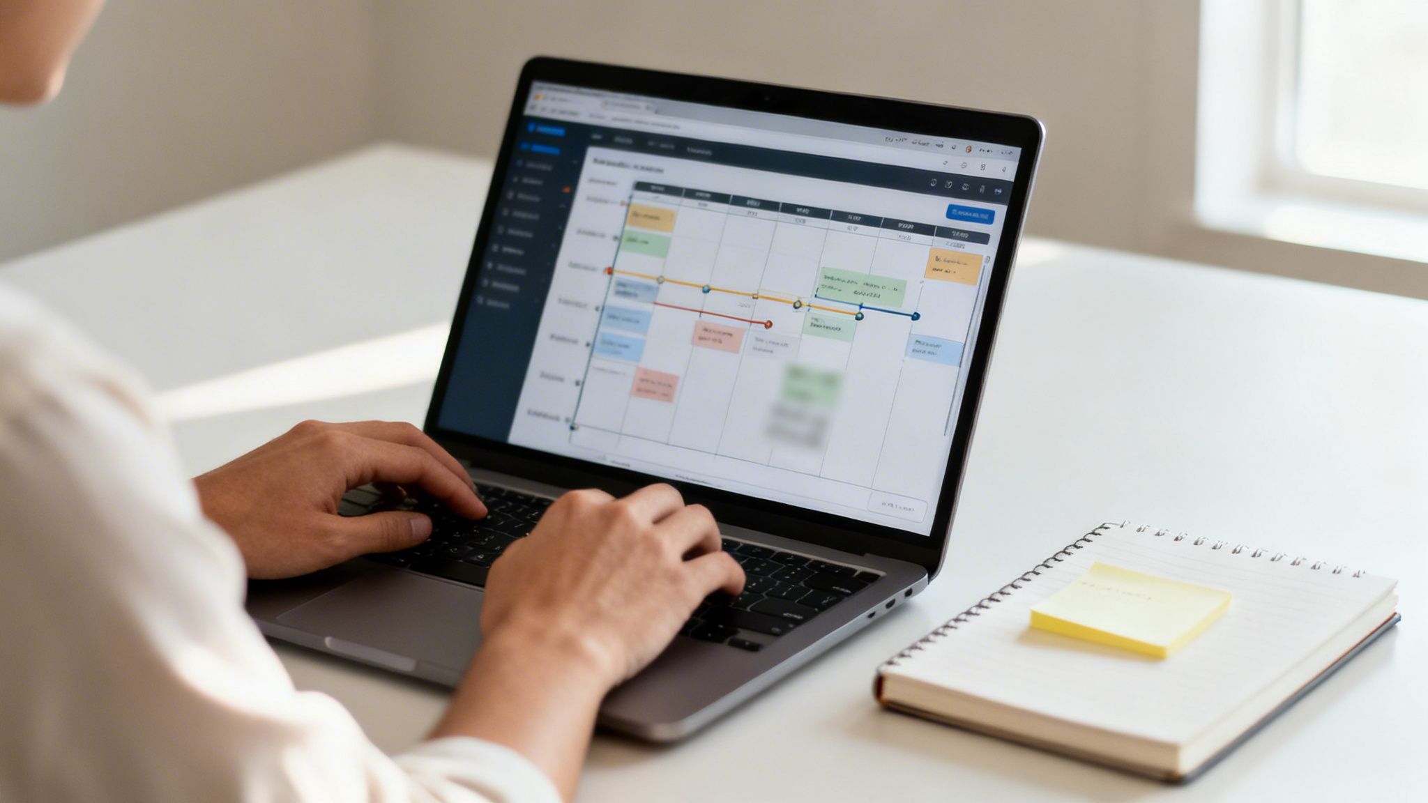 Eine Person arbeitet an einem Laptop mit einer Projektmanagement-Software, daneben liegt ein Notizbuch.