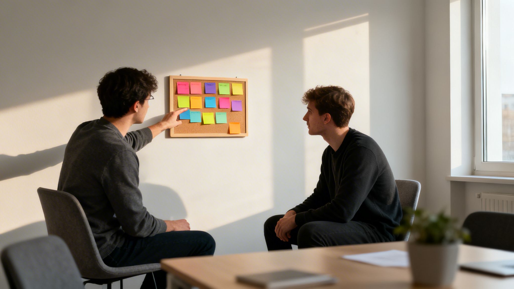 Zwei Männer diskutieren Ideen vor einer Pinnwand mit bunten Notizzetteln in einem modernen Büro.