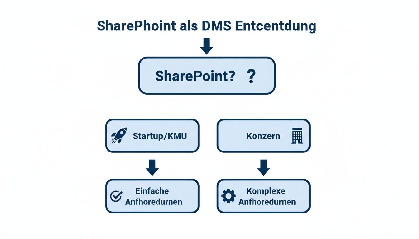 Flussdiagramm zur Entscheidung für SharePoint als DMS, basierend auf Unternehmensgröße (Startup/KMU, Konzern) und Anforderungs-Komplexität.