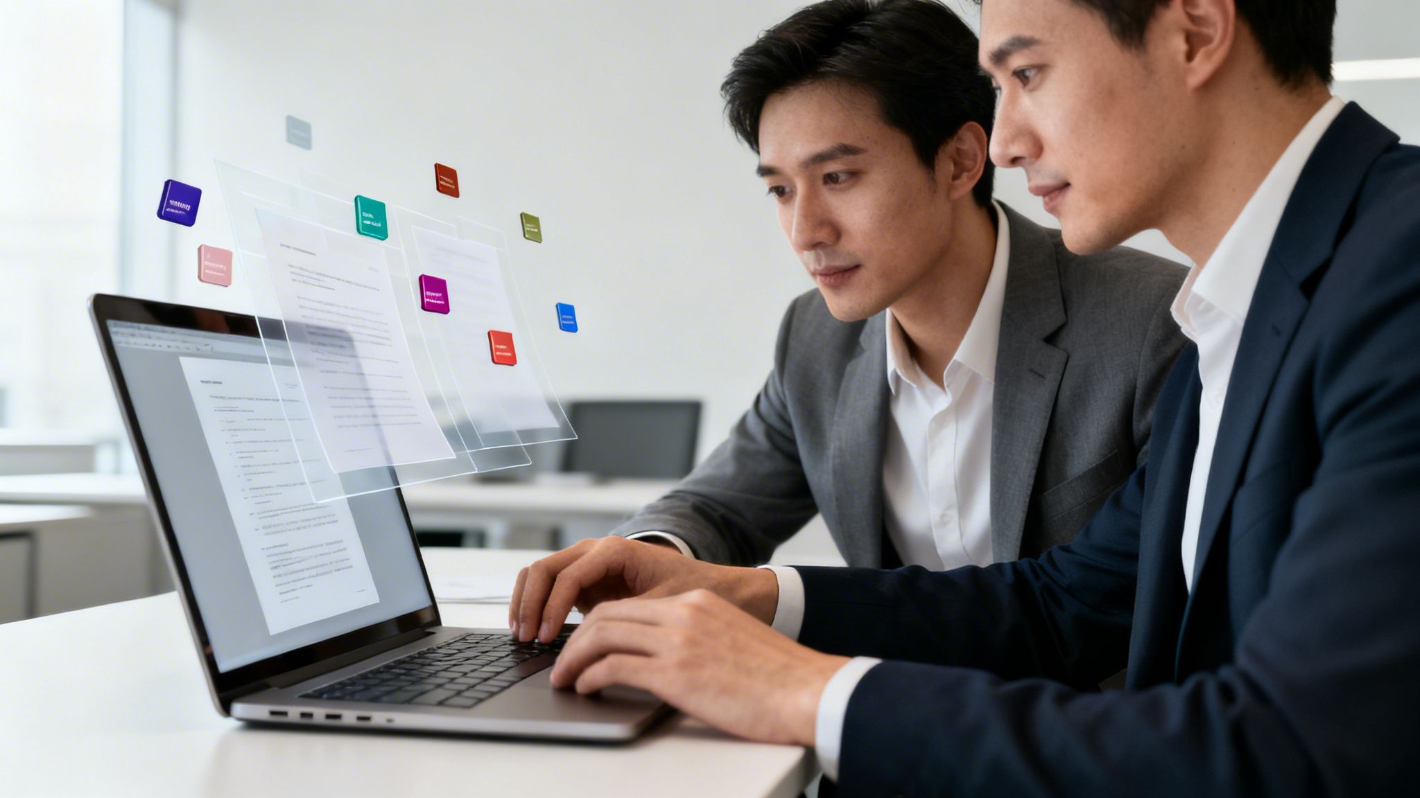 Zwei Geschäftsmänner arbeiten an einem Laptop mit schwebenden digitalen Dokumenten, die eine moderne Arbeitsweise darstellen.