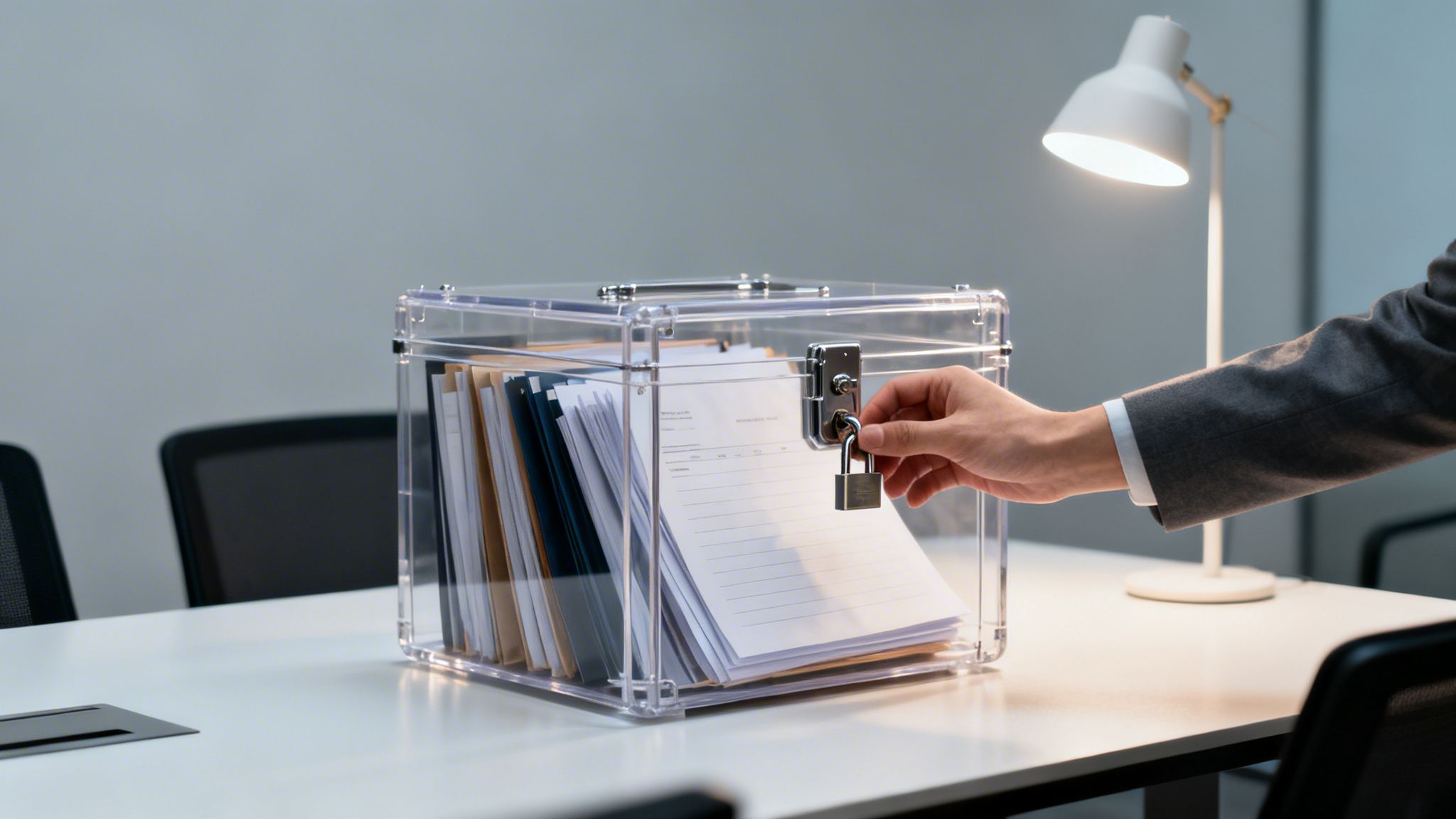 Eine Hand schließt eine transparente Dokumentenbox mit einem Vorhängeschloss auf einem Schreibtisch.