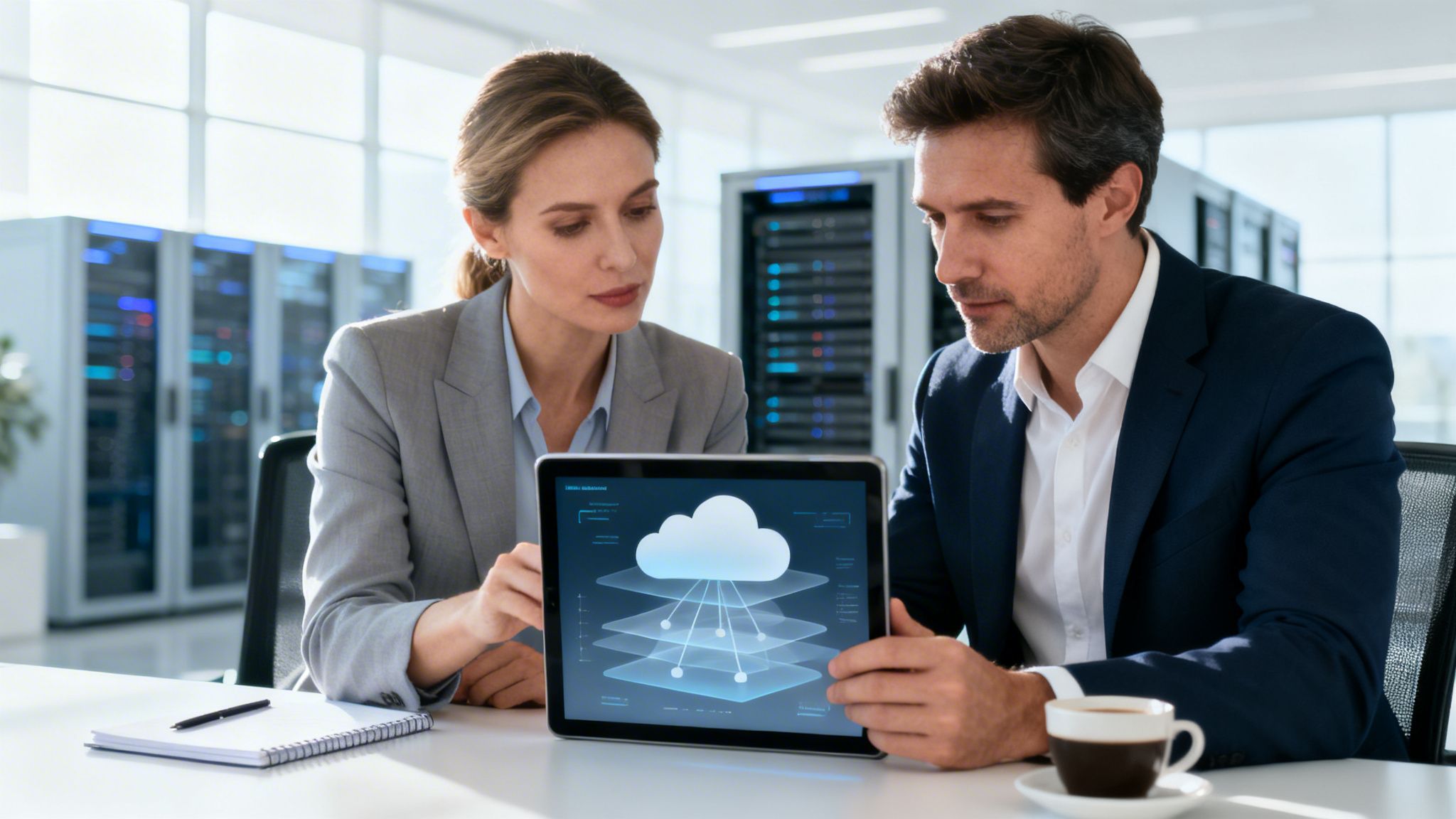 Zwei Geschäftsleute in einem Serverraum analysieren Cloud-Computing-Daten auf einem Tablet-Bildschirm.