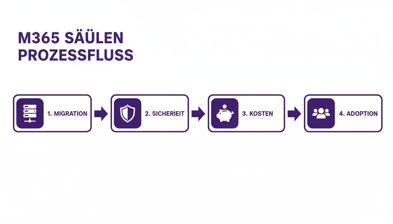 Prozessfluss der M365-Säulen: Migration, Sicherheit, Kosten und Adoption, dargestellt als visuelle Schritte mit Icons.