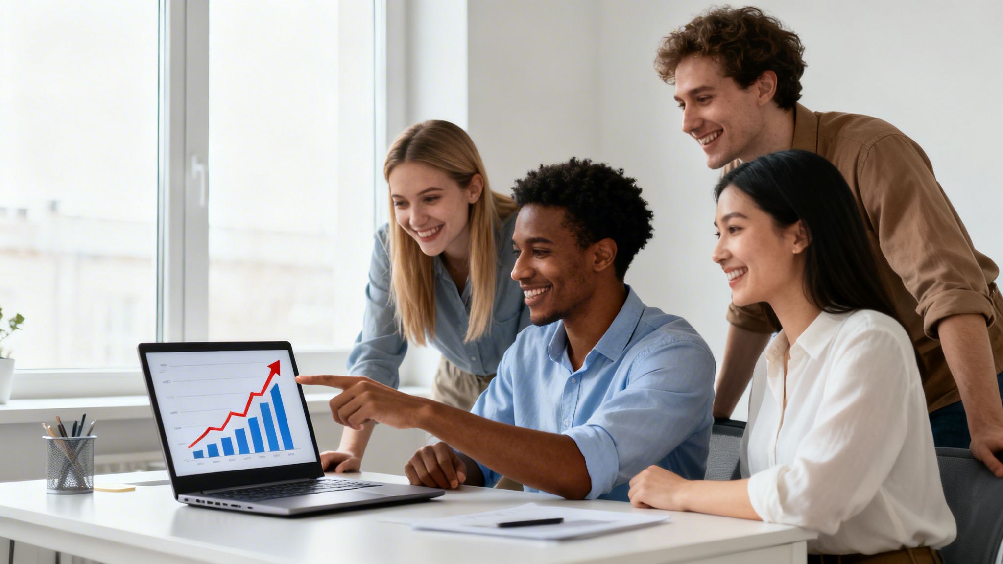 Vier lächelnde Kollegen betrachten einen Laptop mit einer Wachstumskurve, einer zeigt darauf.