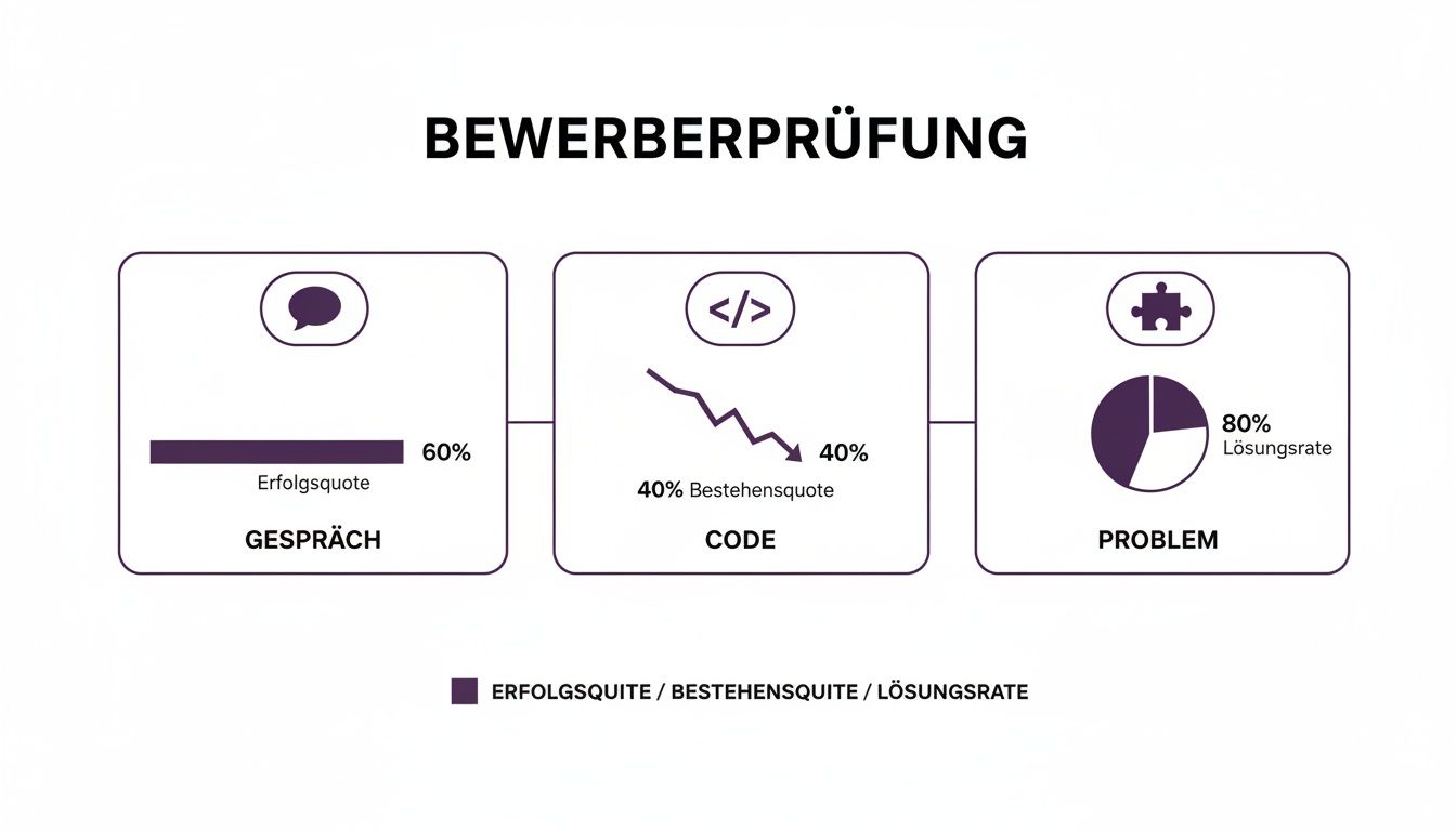 Diagramm zur Bewerberprüfung mit Erfolgsquoten für Gespräch (60%), Code (40%) und Problemlösung (80%).