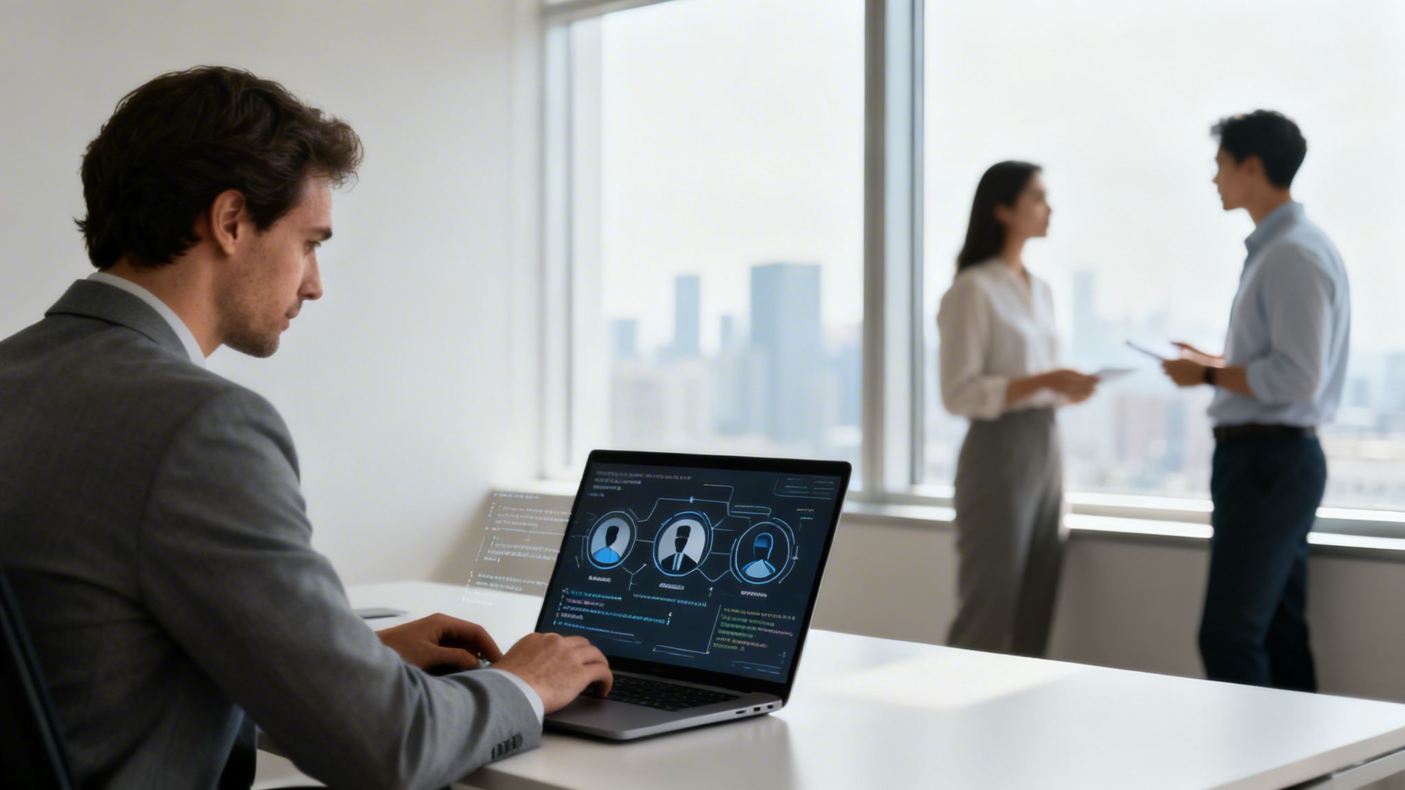 Mann arbeitet am Laptop mit futuristischer Benutzeroberfläche; Kollegen sprechen im modernen Büro.