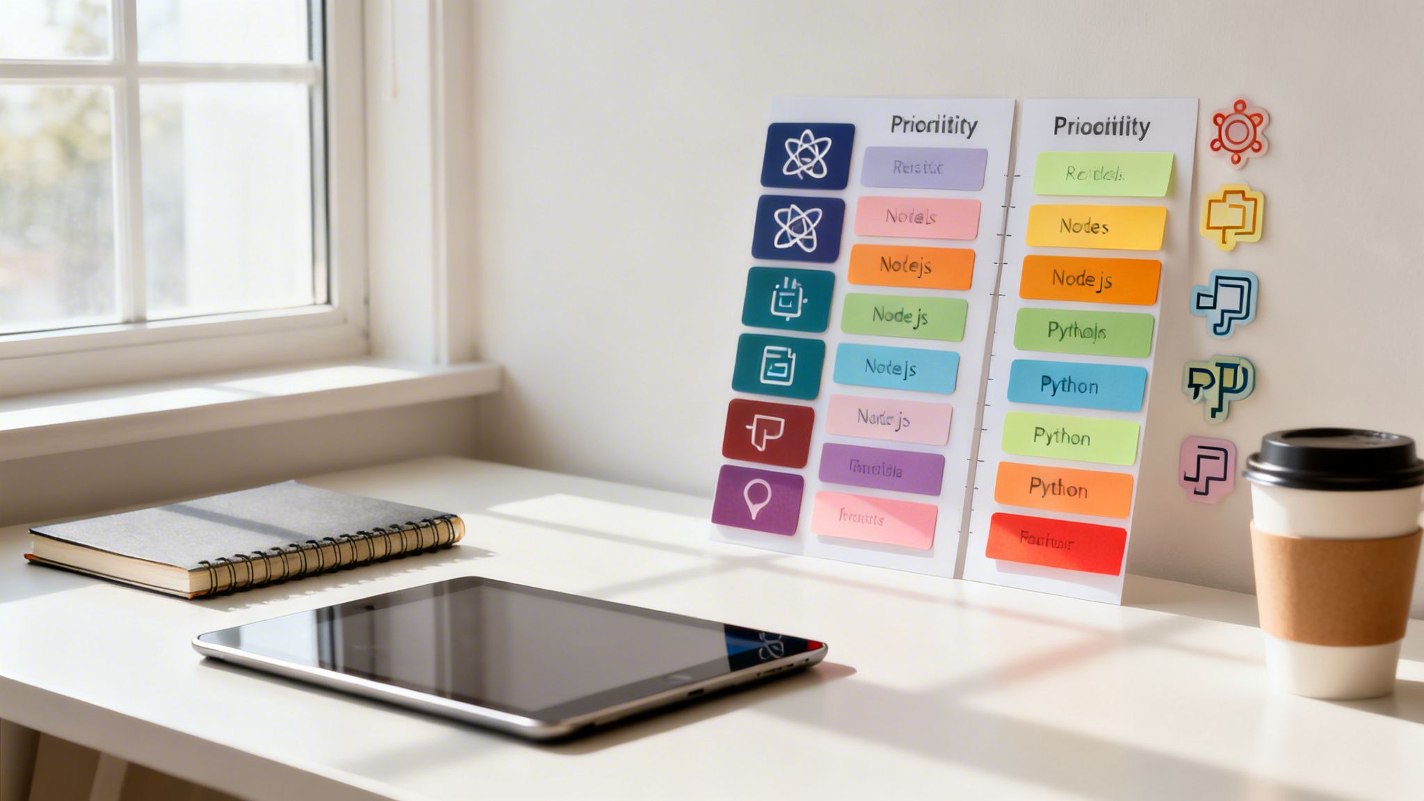 Schreibtisch mit Tablet, Notizbuch und Notizen zu Programmierprioritäten wie Node.js und Python.