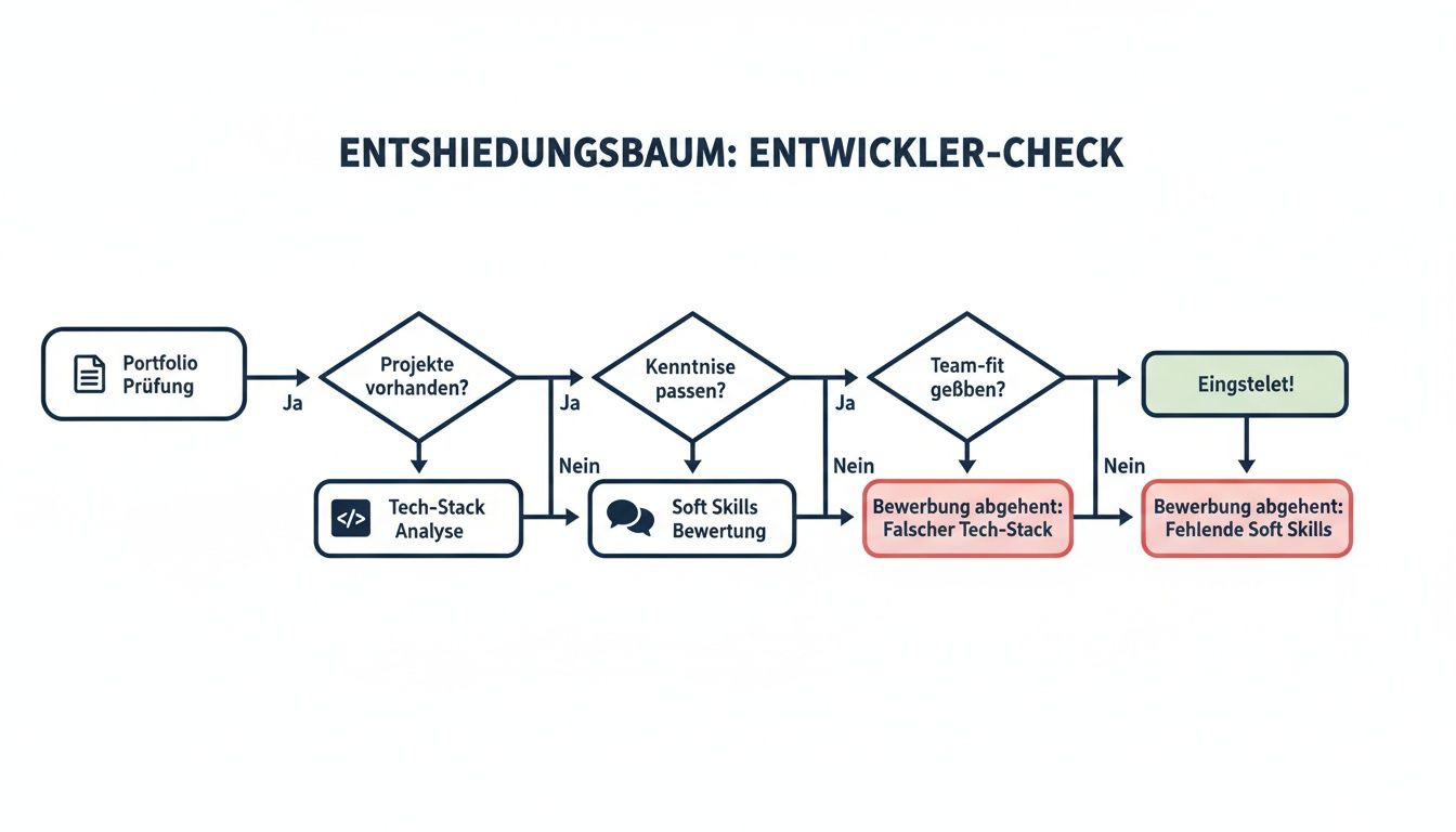 Entscheidungsbaum: Entwickler-Check zur Bewertung von Portfolio, Projekten, Tech-Stack und Soft Skills.