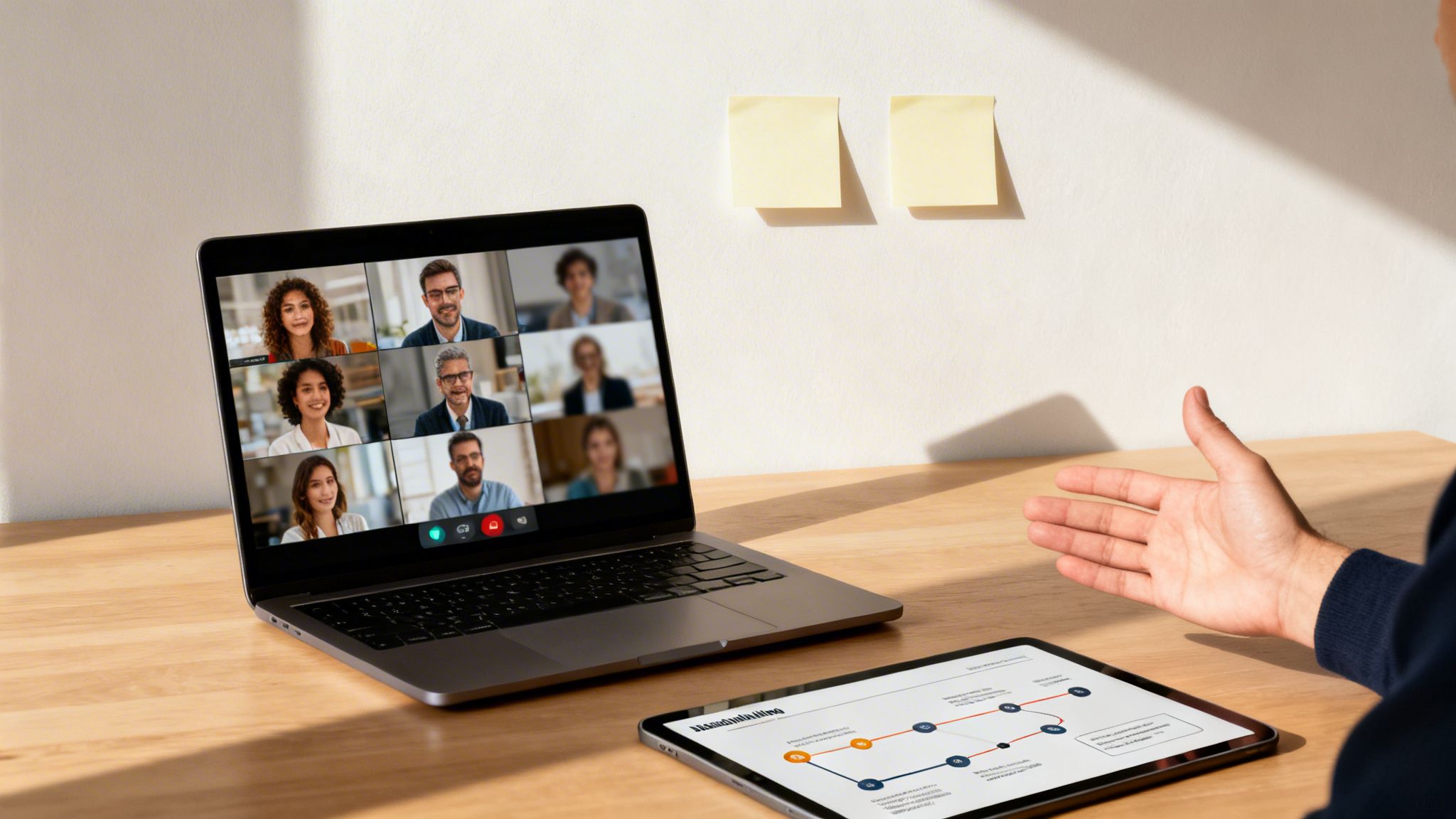 Nahaufnahme eines Laptops mit Videokonferenz und eines Tablets mit Diagramm auf einem Holztisch, daneben eine gestikulierende Hand.