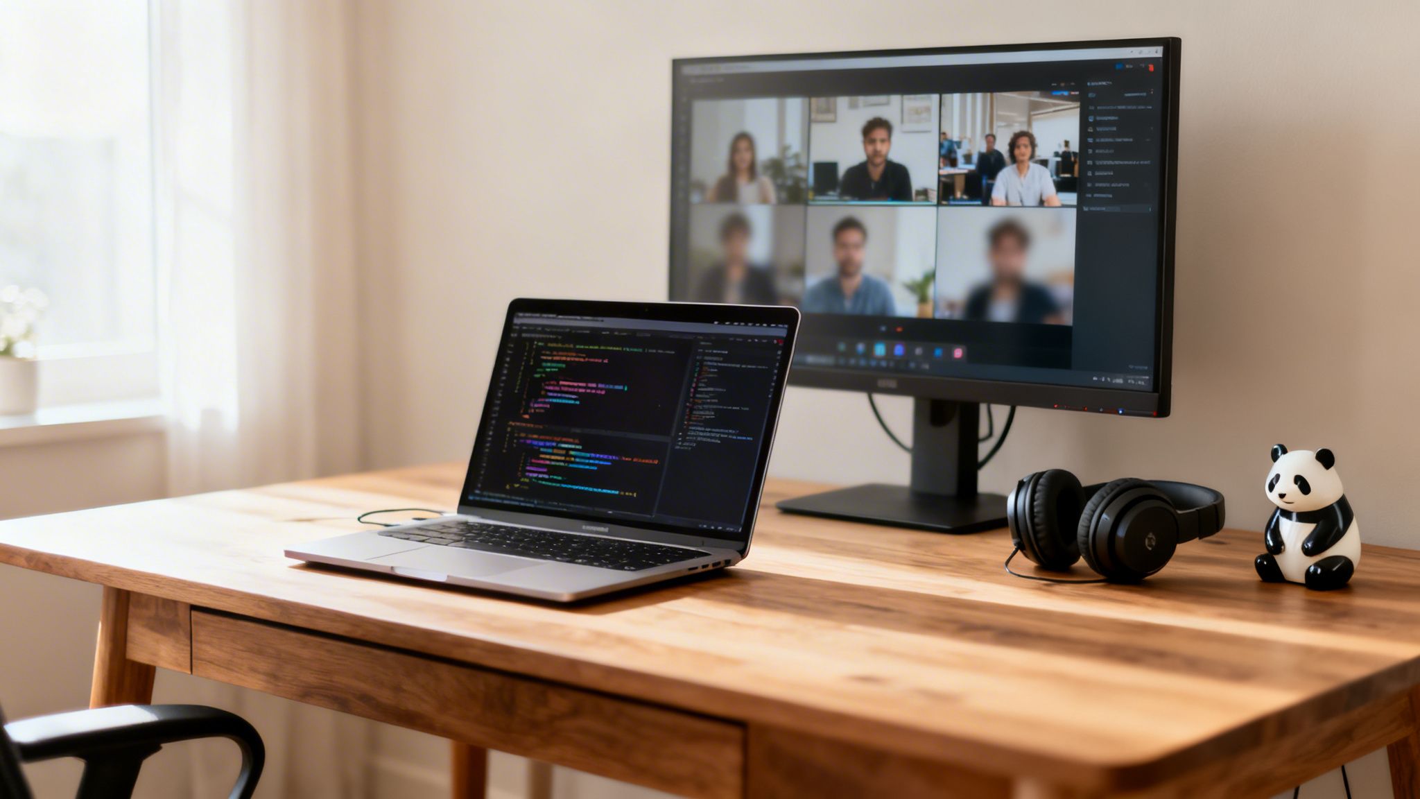 Arbeitsplatz mit Laptop, der Code zeigt, und Monitor mit Videokonferenz, dazu Kopfhörer und Panda-Figur auf Holztisch.
