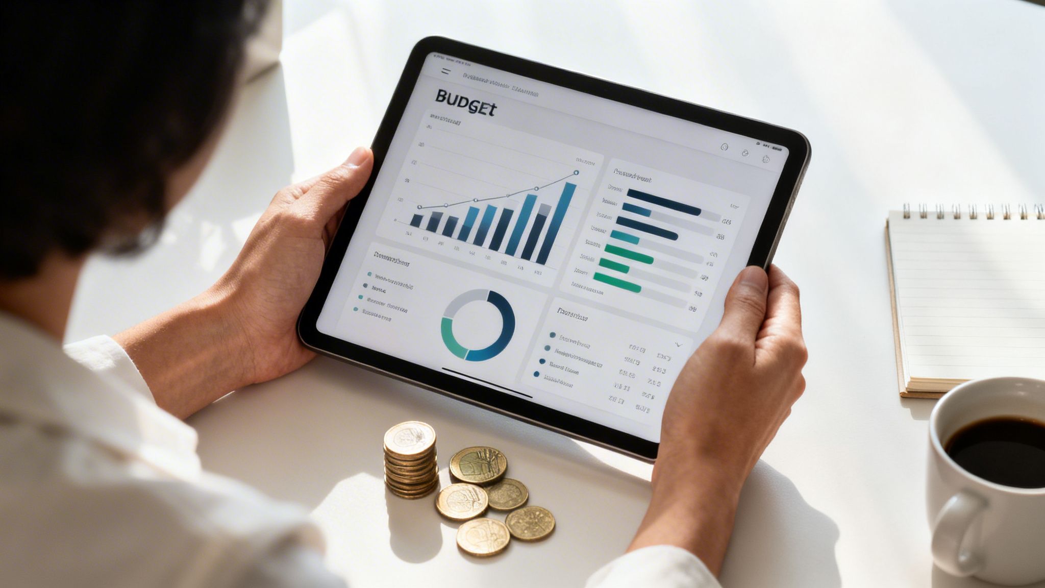 Person analysiert Budget auf Tablet mit Finanzdiagrammen, umgeben von Münzen und Notizbuch.
