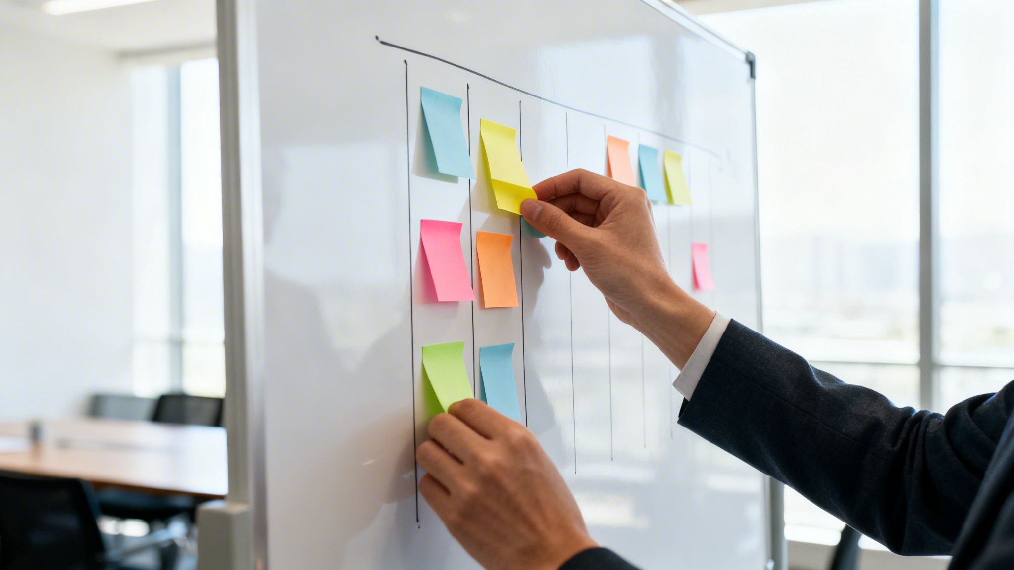 Hände platzieren bunte Haftnotizen auf einem Whiteboard, um Aufgaben oder Ideen zu organisieren.