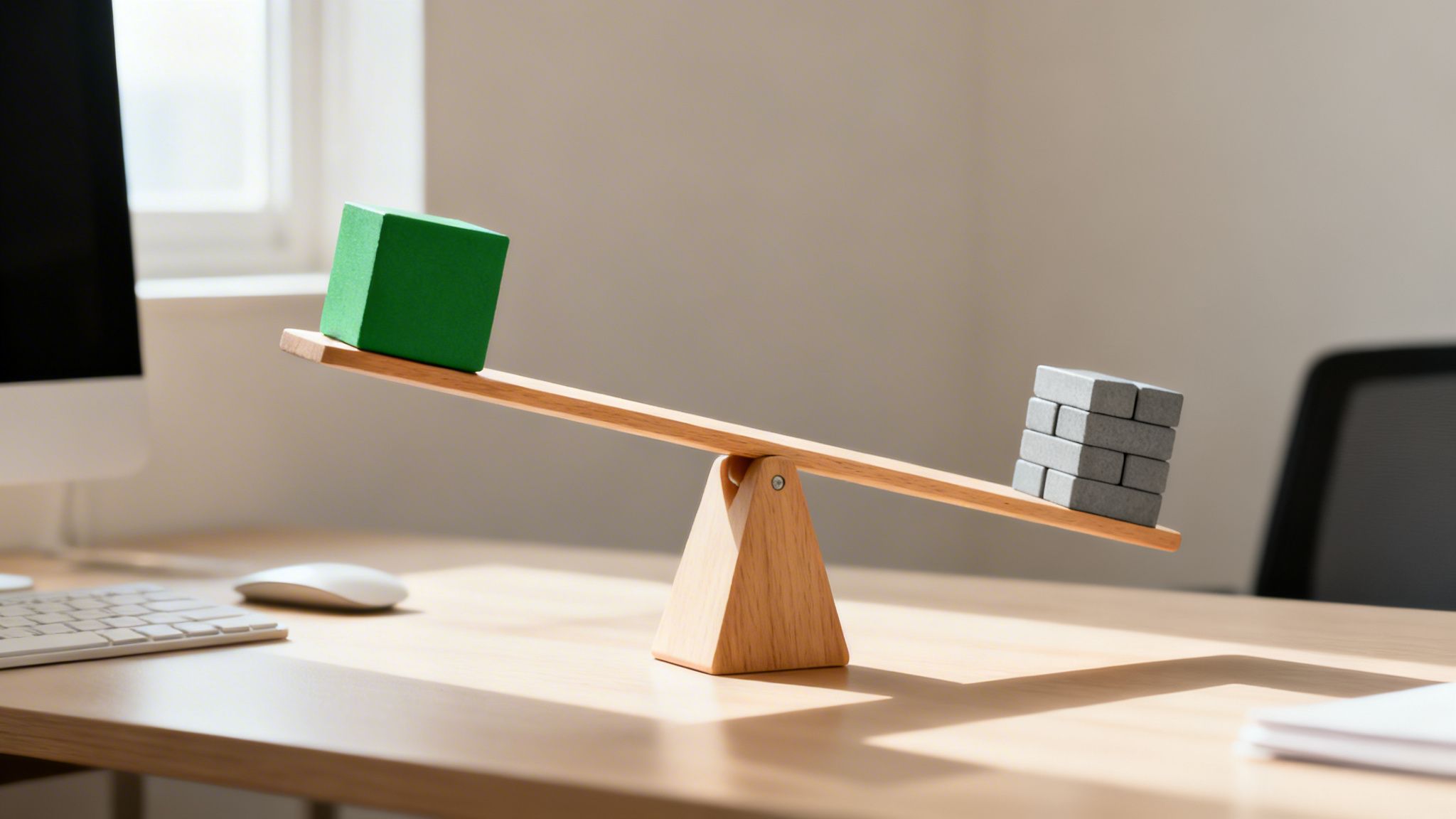 Eine Holzbalkenwaage auf einem Schreibtisch zeigt ein Ungleichgewicht zwischen einem grünen Würfel und grauen Blöcken.