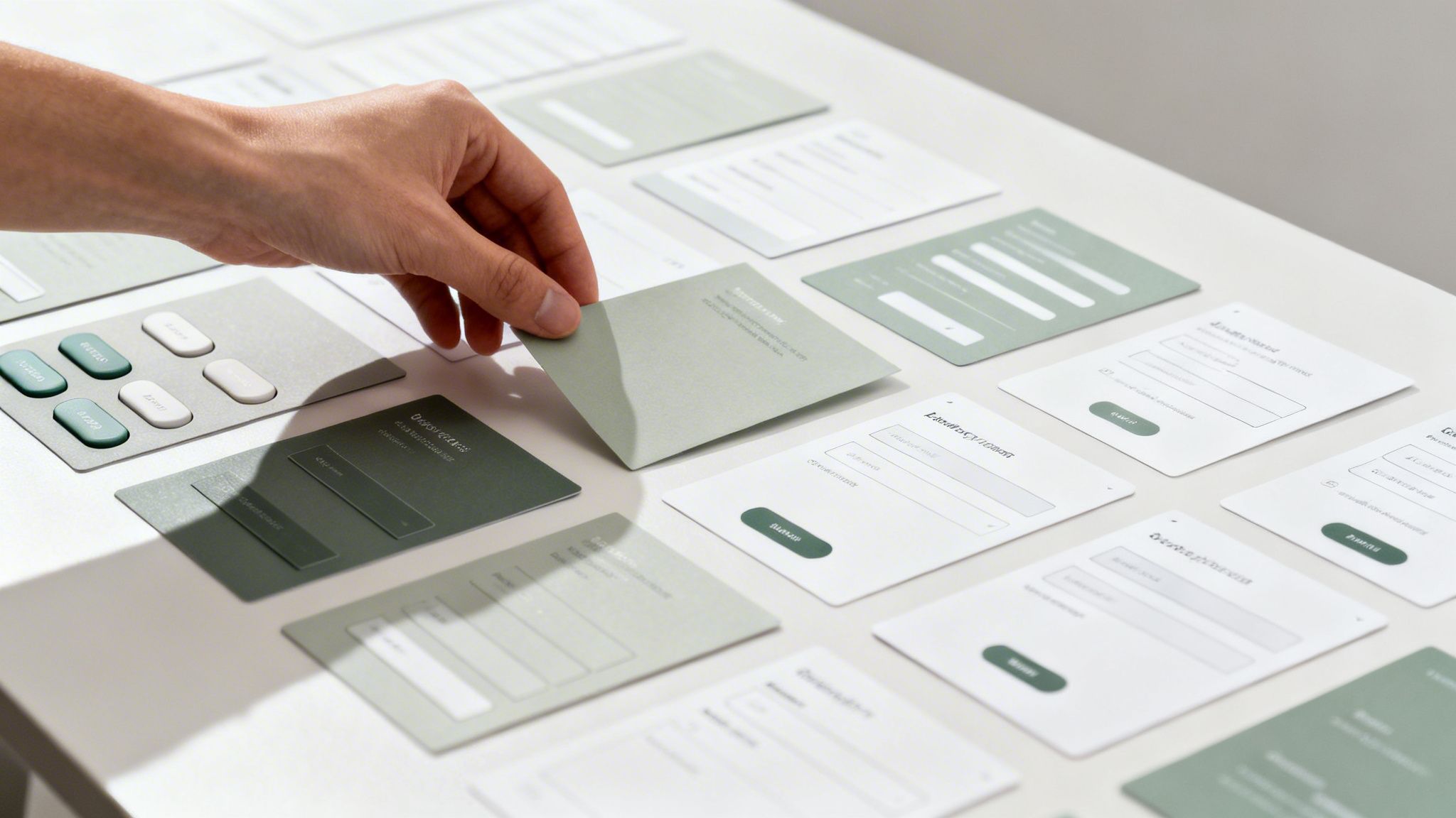 Eine Hand greift nach einer von vielen UI-Design-Karten auf einem hellen Tisch.