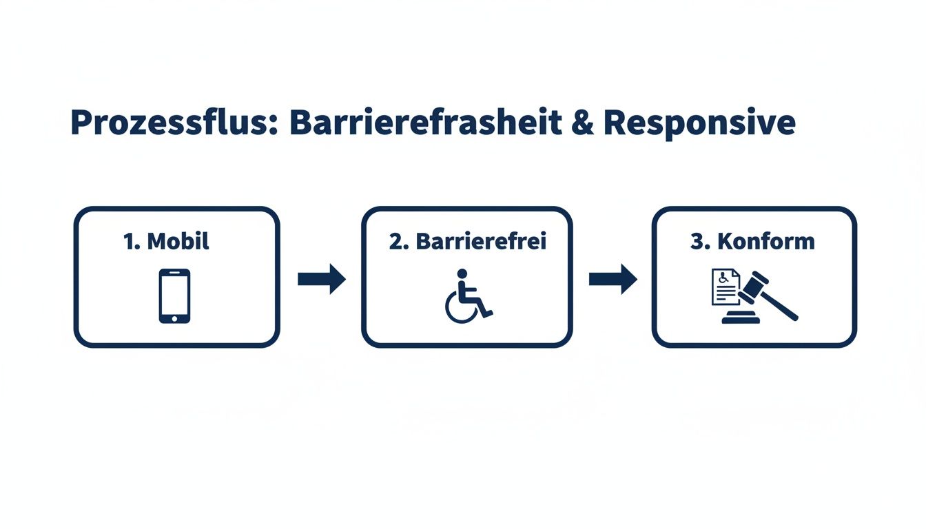 Prozessfluss für Webentwicklung: Mobil, barrierefrei und konform durch Responsive Design und Zugänglichkeitsstandards.