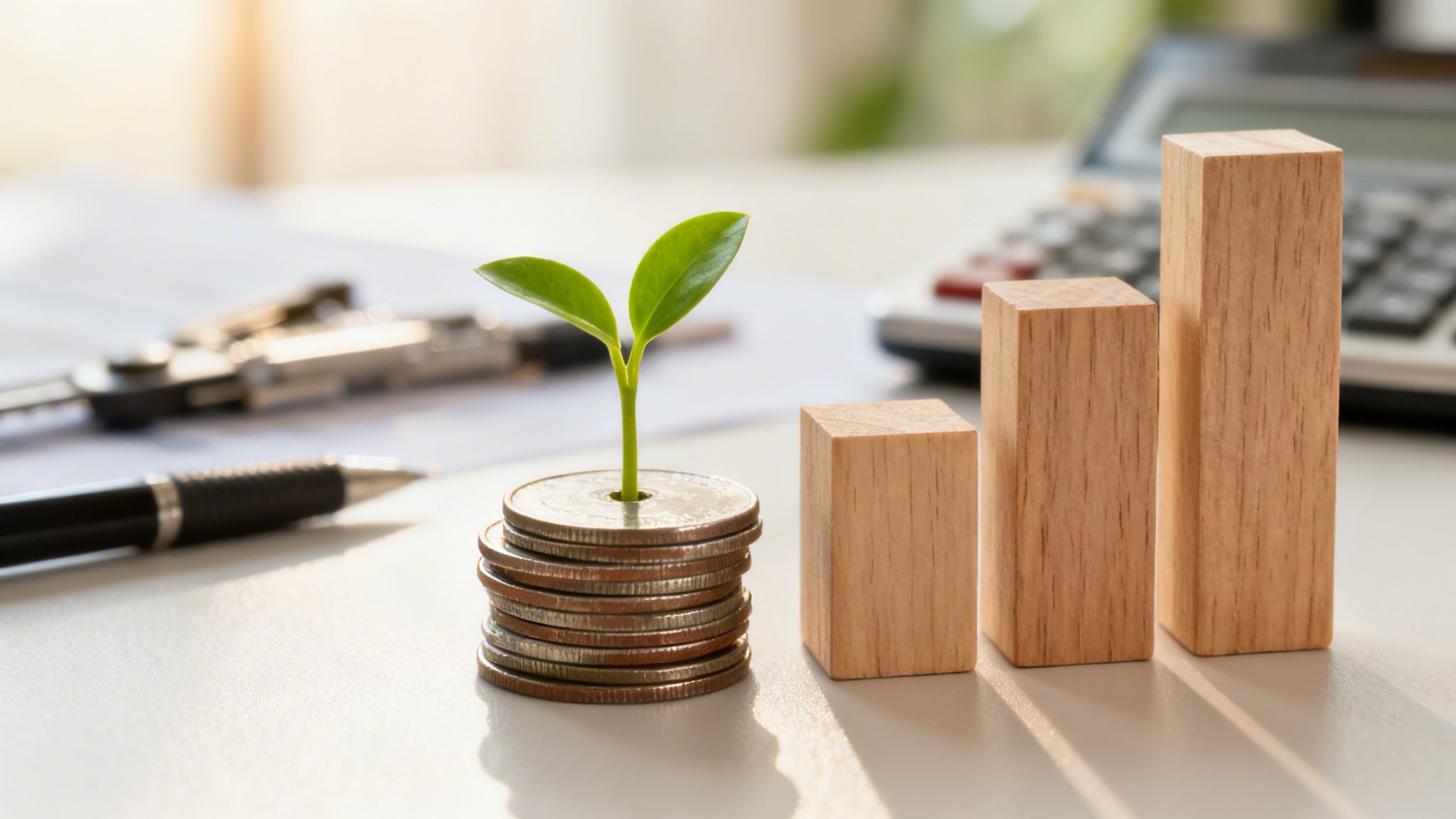 Pflanze wächst aus Münzstapel neben aufsteigenden Holzklötzen und Taschenrechner; symbolisiert Finanzwachstum.