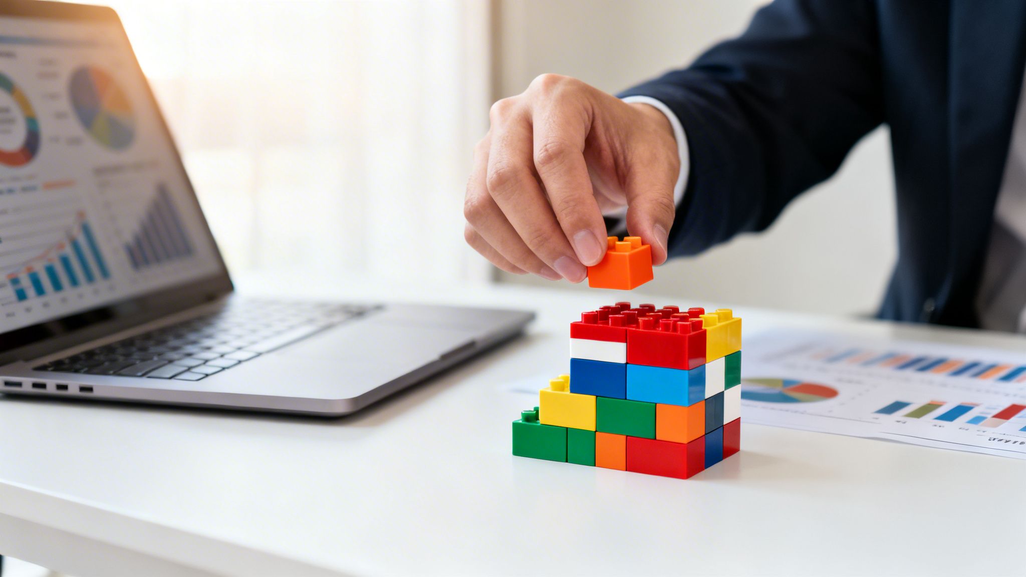 Ein Geschäftsmann baut mit bunten Legosteinen eine Struktur, während im Hintergrund ein Laptop mit Diagrammen steht.