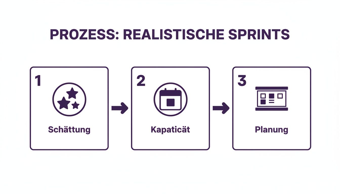 Prozessdiagramm zeigt realistische Sprintplanung: Schätzung, Kapazität und Planung als aufeinanderfolgende Schritte.