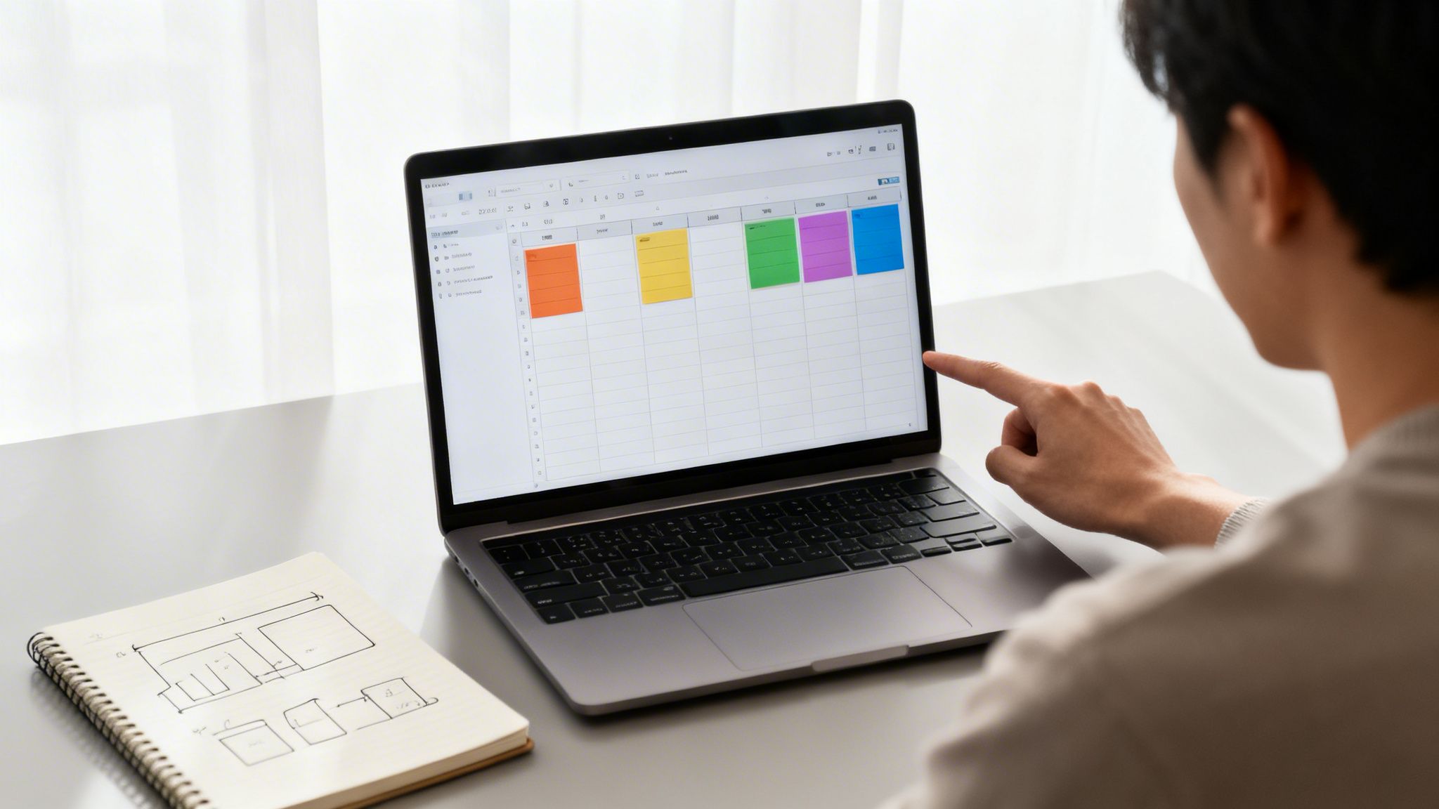 Eine Person zeigt auf einen Laptop mit einer bunten Planungstabelle, daneben ein Notizbuch. Ideal für digitales Projektmanagement.