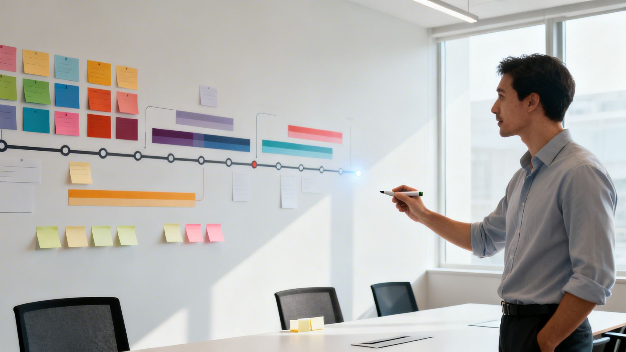 Ein Mann präsentiert eine Projektzeitachse mit Haftnotizen und Diagrammen an einer weißen Wand.