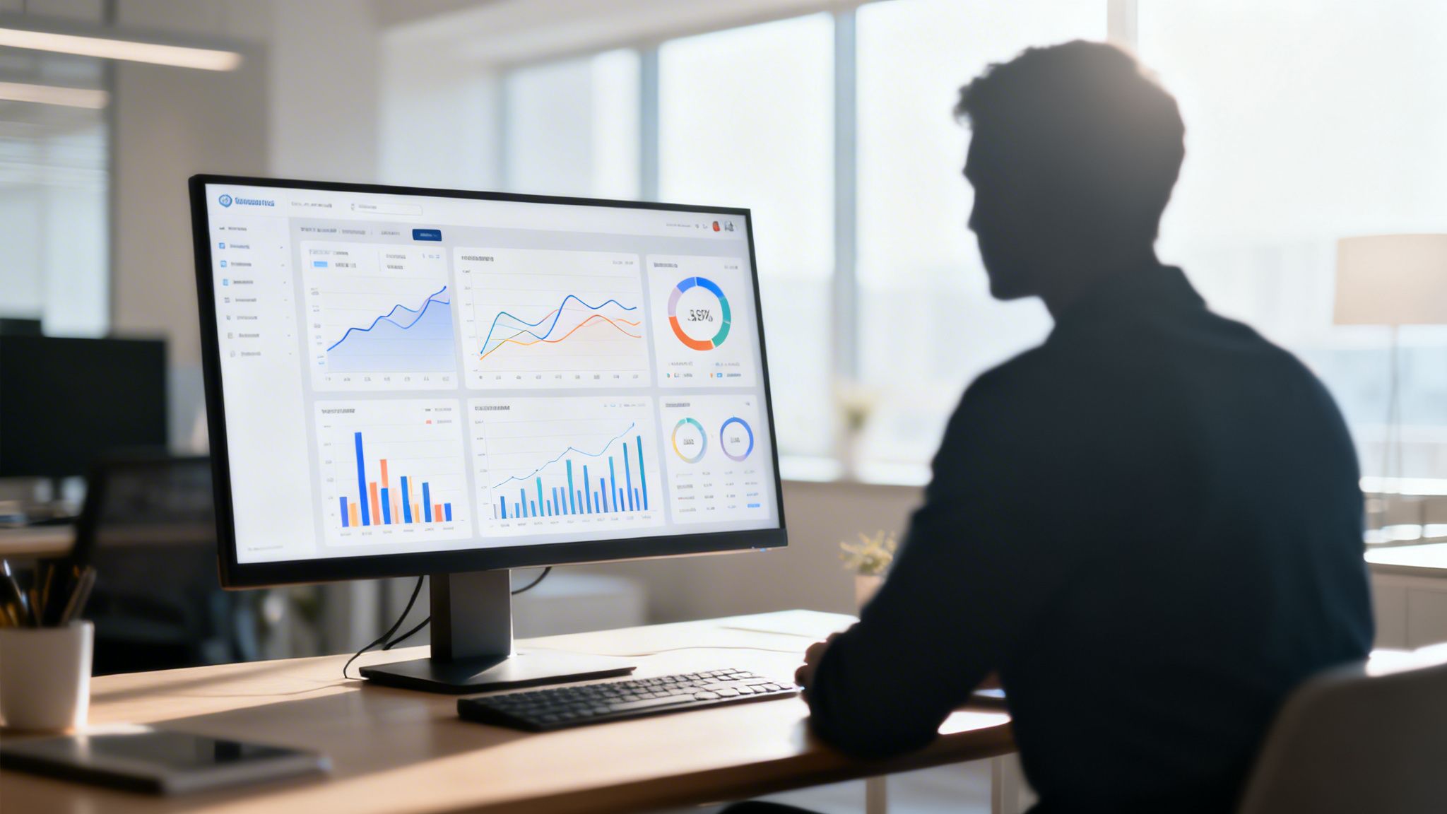 Ein Mann sitzt vor einem Computerbildschirm mit Dashboards und Diagrammen in einem hellen Büro.