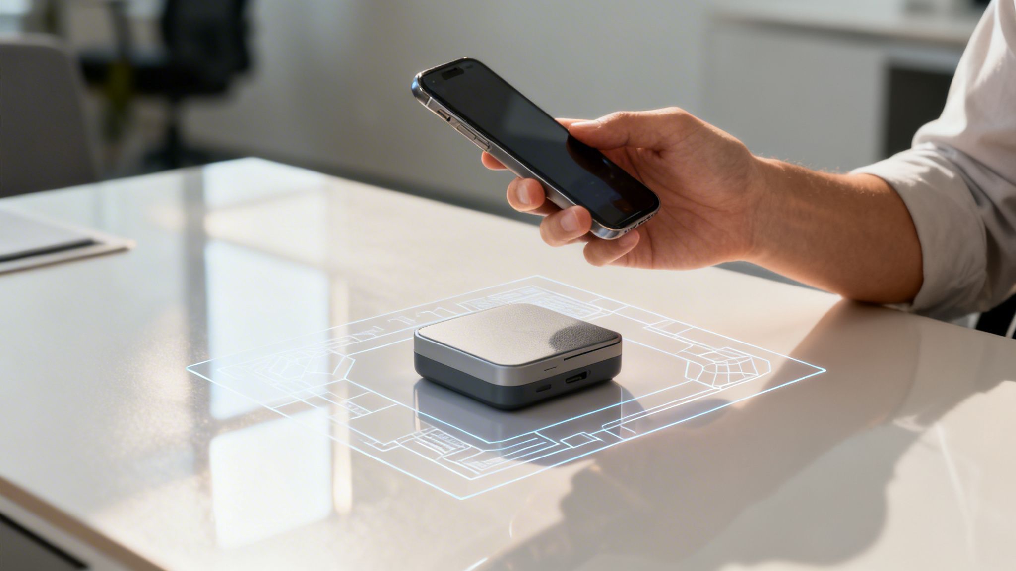 Hand hält Smartphone über Gerät, das einen blauen Bauplan als Augmented Reality auf einen Tisch projiziert.
