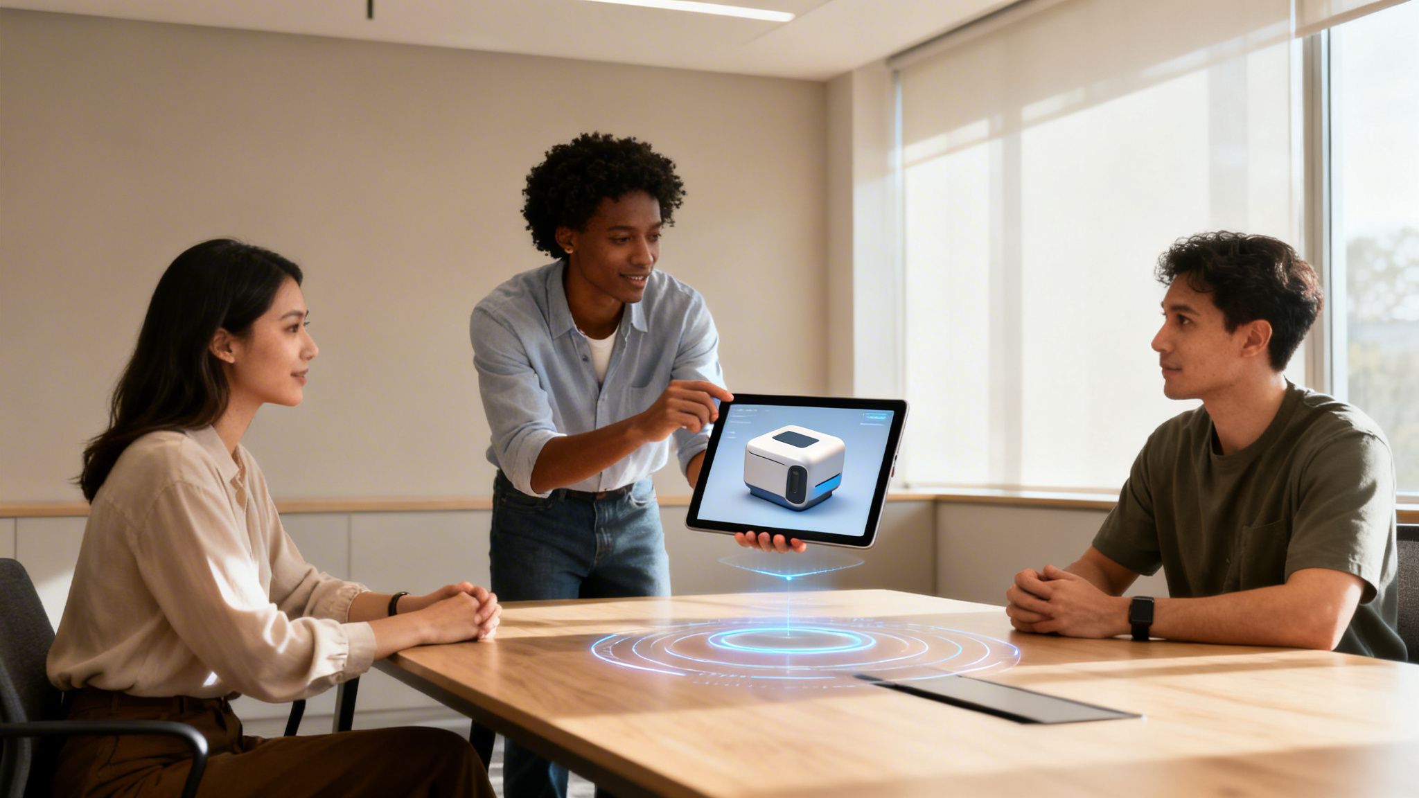 Drei Personen in einem Meetingraum betrachten eine Augmented-Reality-Präsentation auf einem Tablet.