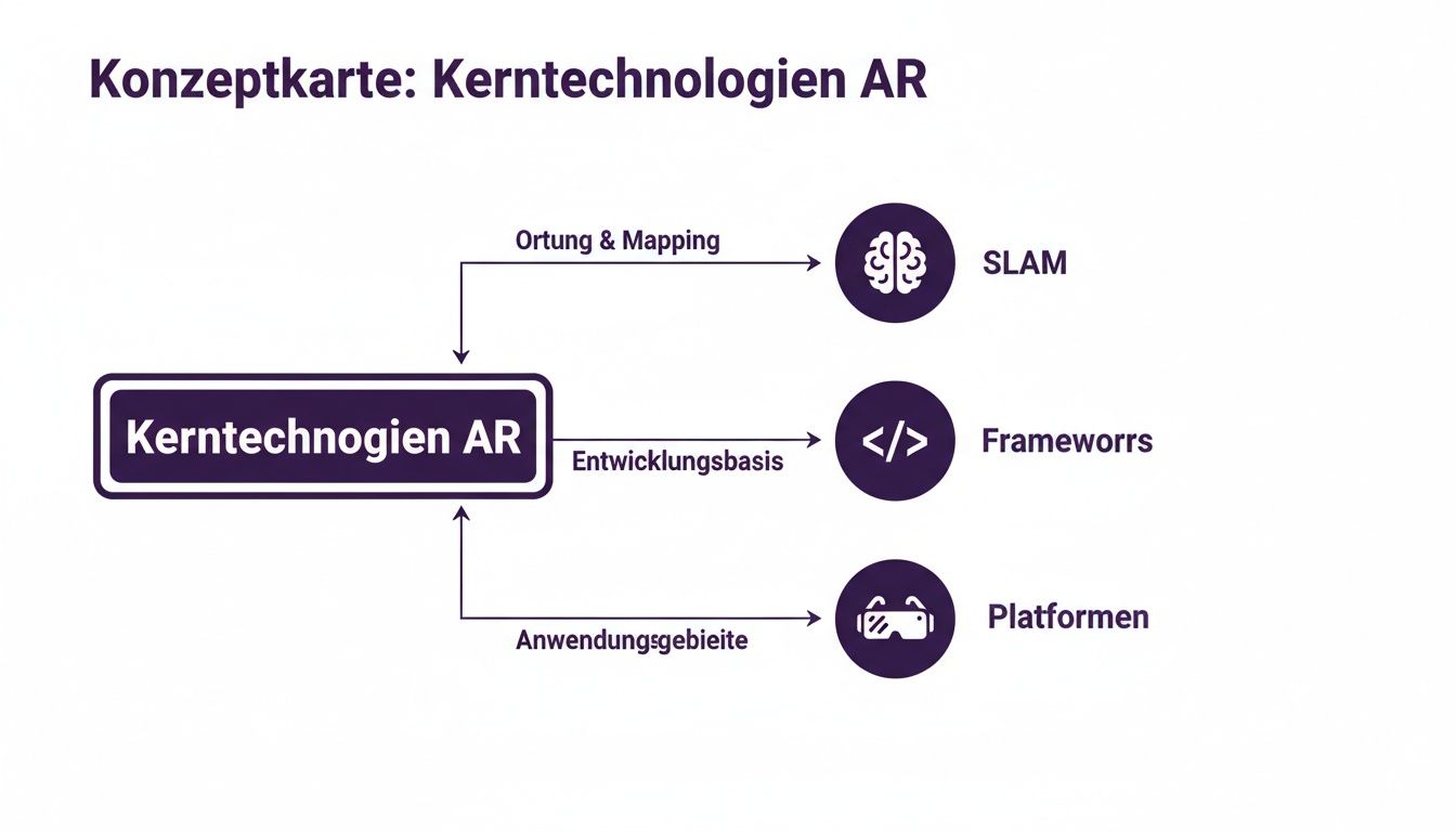 Konzeptkarte zeigt die Kerntechnologien von Augmented Reality: SLAM, Frameworks und Plattformen.