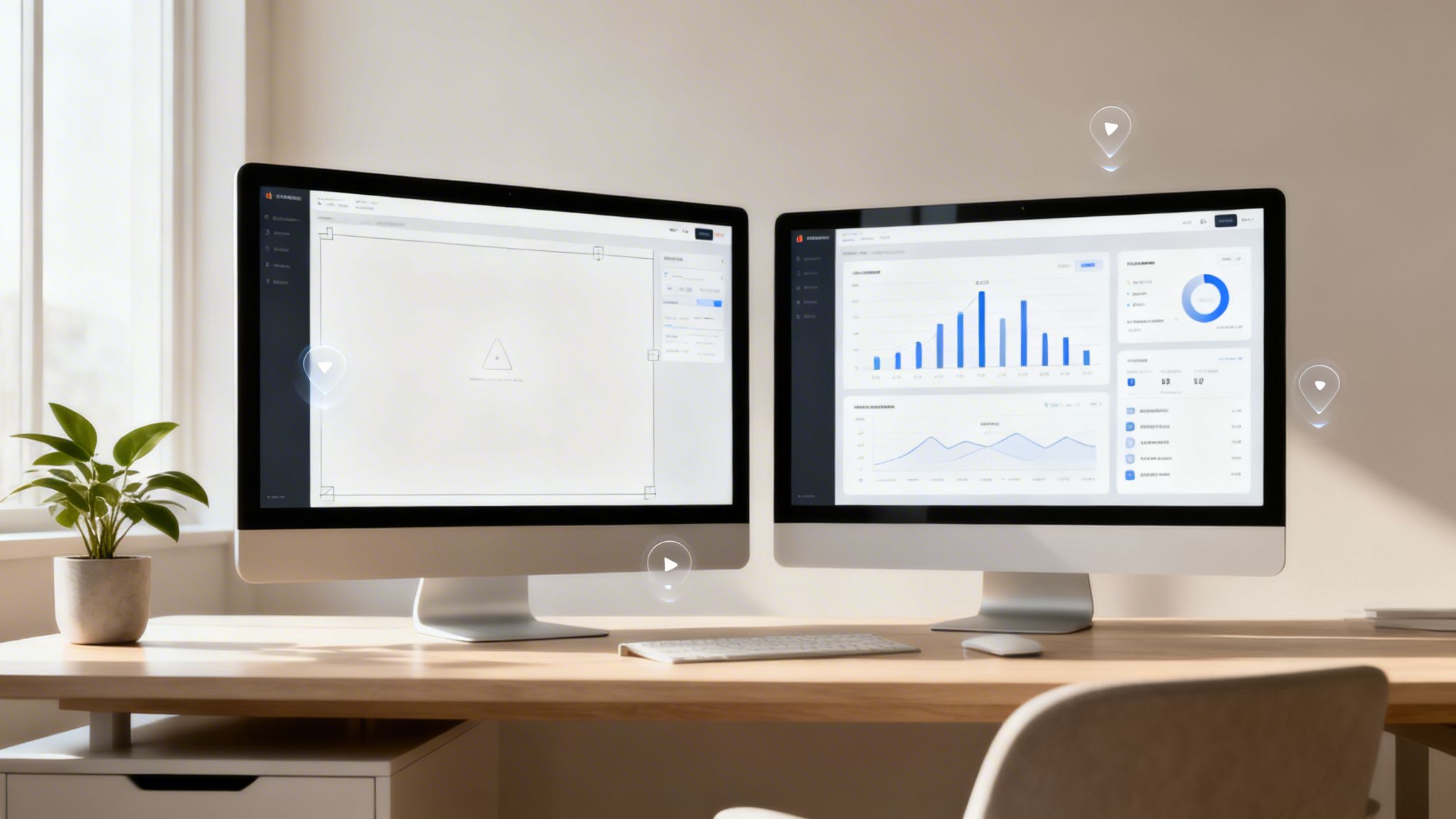 Moderner Arbeitsplatz mit zwei Computermonitoren, der eine Benutzeroberfläche und Daten-Dashboards anzeigt, komplett mit Tastatur und Pflanze.
