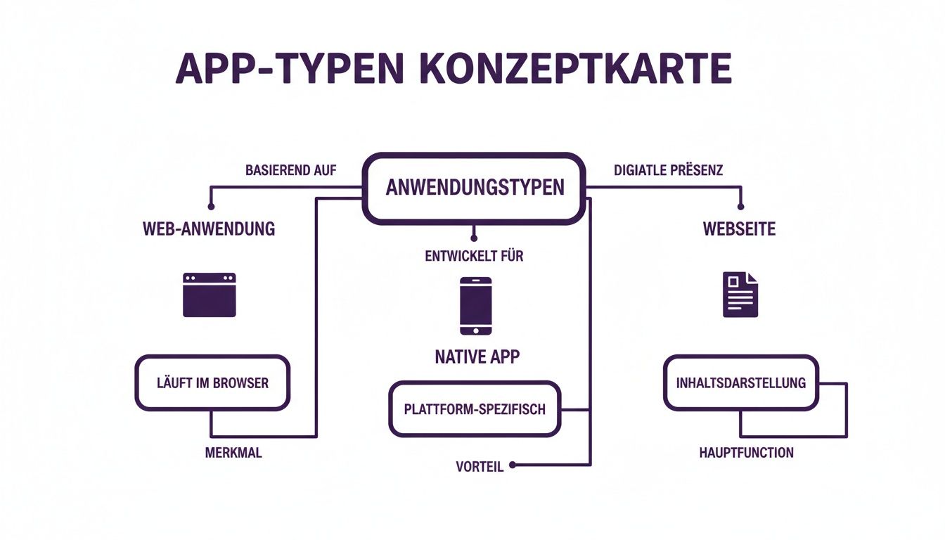 Konzeptkarte über App-Typen, einschließlich Web-Anwendung, Native App und Webseite, mit ihren Merkmalen und Vorteilen.