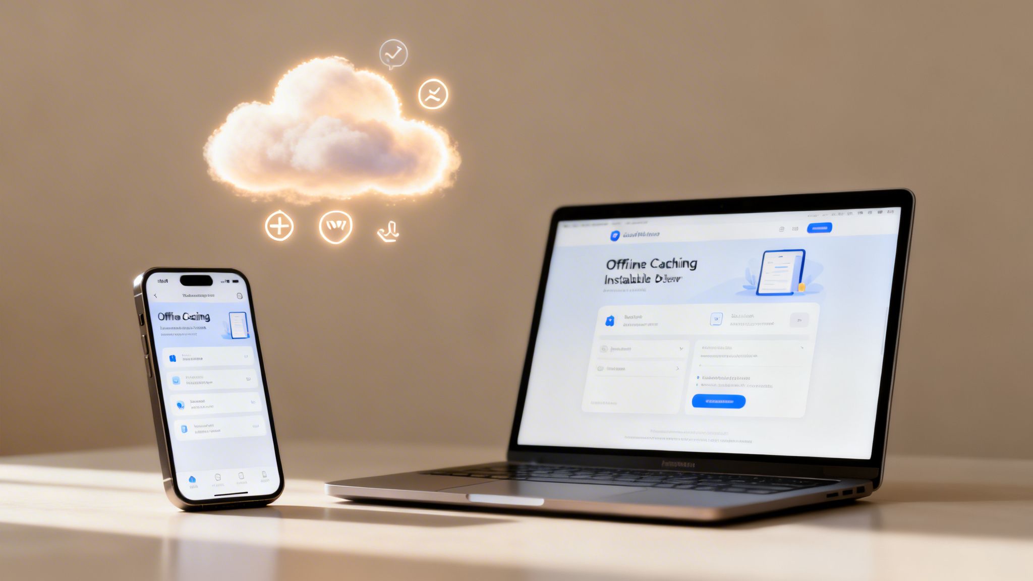 Laptop und Smartphone zeigen Offline-Caching-App, umgeben von leuchtender Cloud und Symbolen für Datenverwaltung.