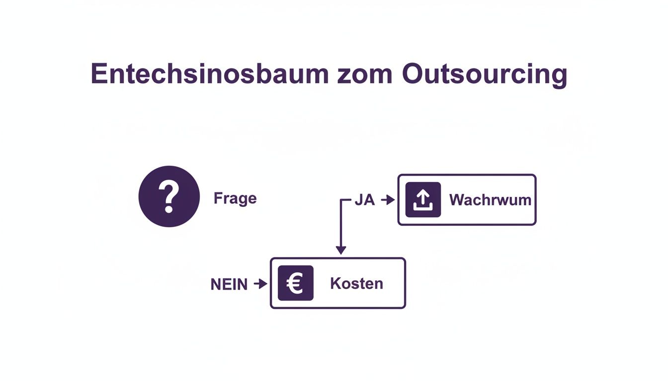 Entscheidungsbaum zum Outsourcing: Eine Frage führt bei 'Ja' zu Wachstum, bei 'Nein' zu Kosten.
