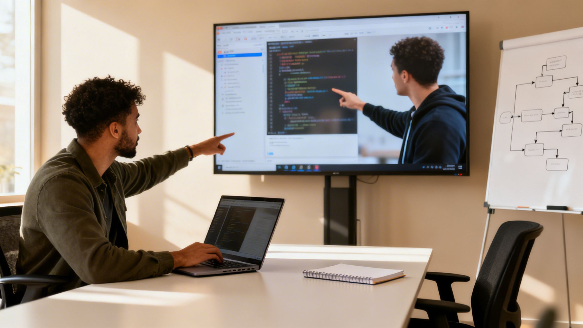 Programmierer arbeiten zusammen, einer am Laptop, der andere auf einem großen Bildschirm, um Code zu überprüfen.