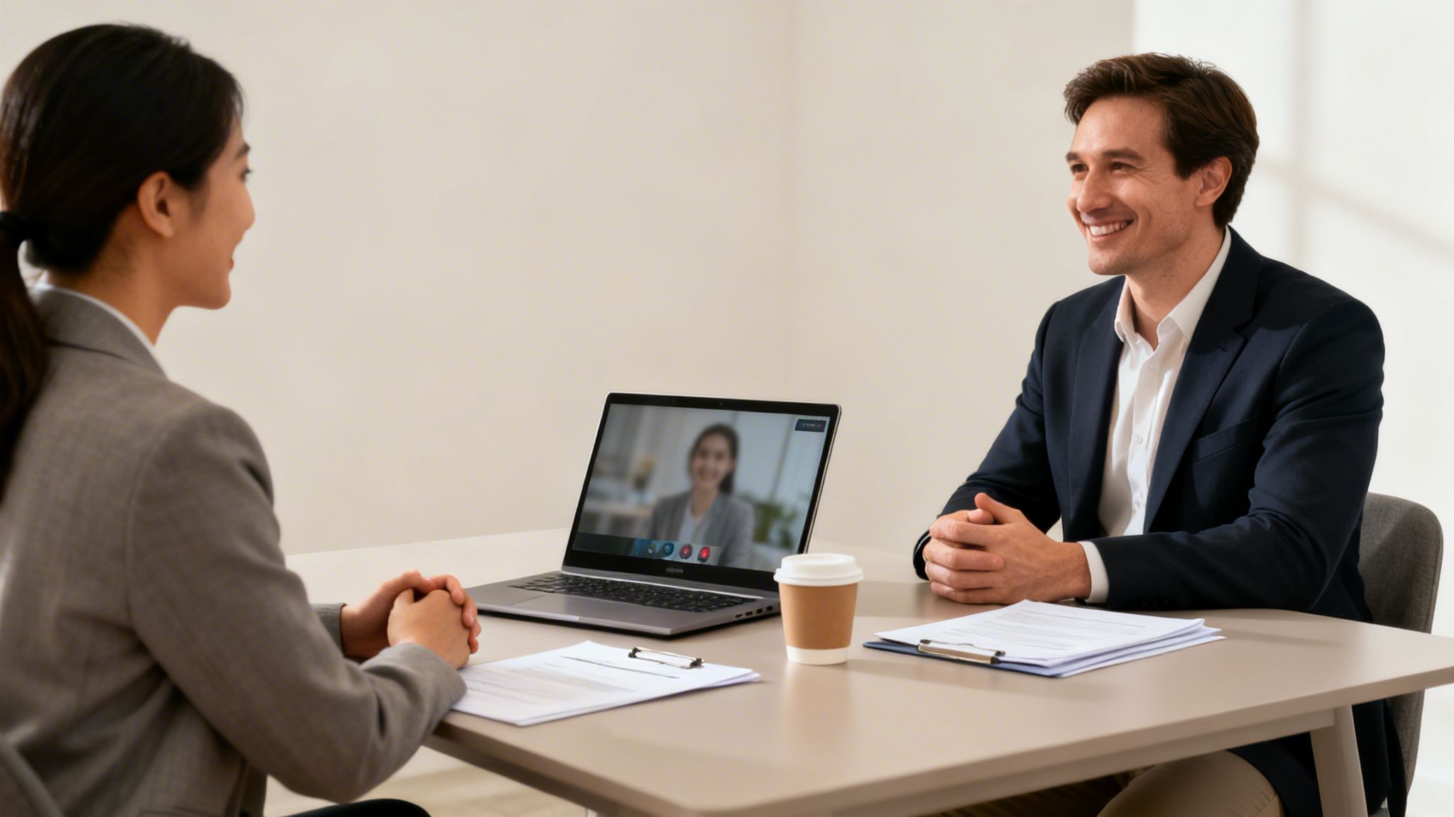 Professionelles Geschäftstreffen mit zwei Anwesenden und einer Person, die über einen Laptop-Videoanruf teilnimmt.