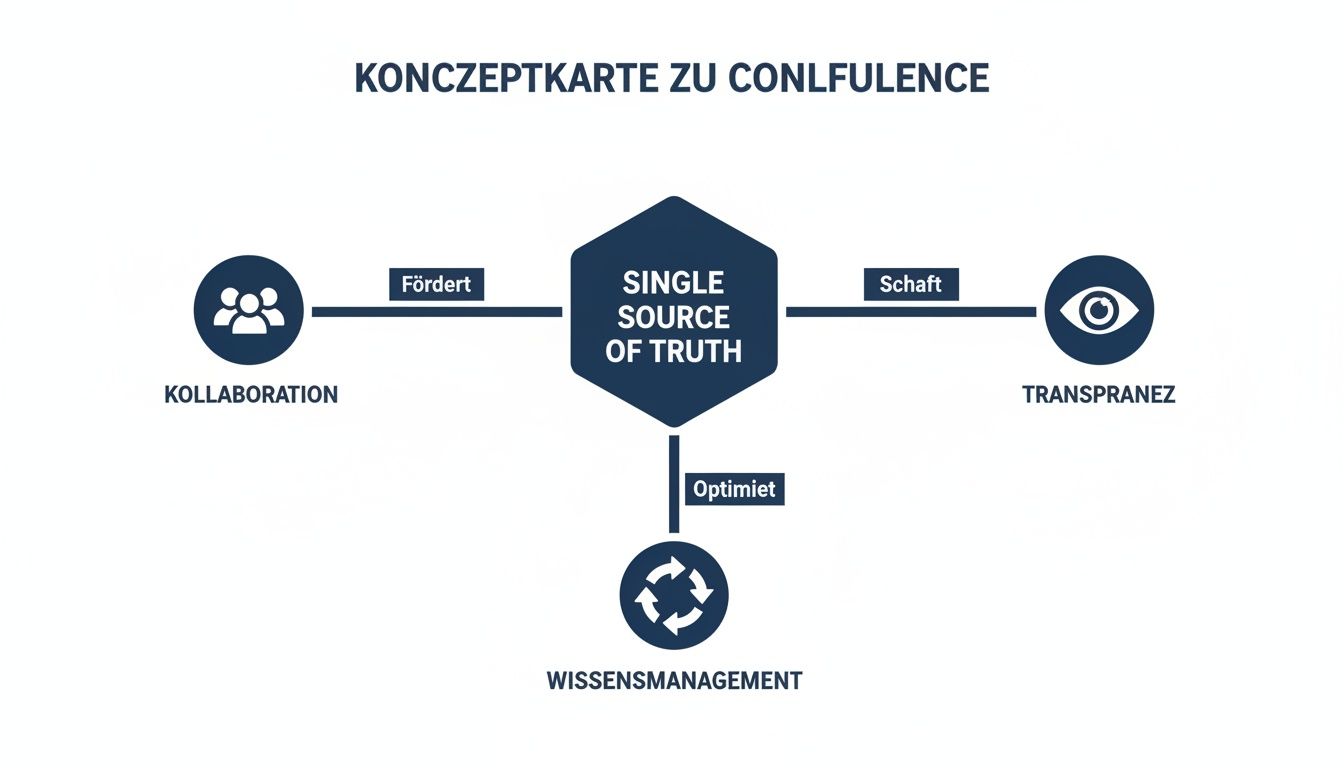 Konzeptkarte zu Confluence zeigt 'Single Source of Truth' als Zentrum für Kollaboration, Transparenz und Wissensmanagement.