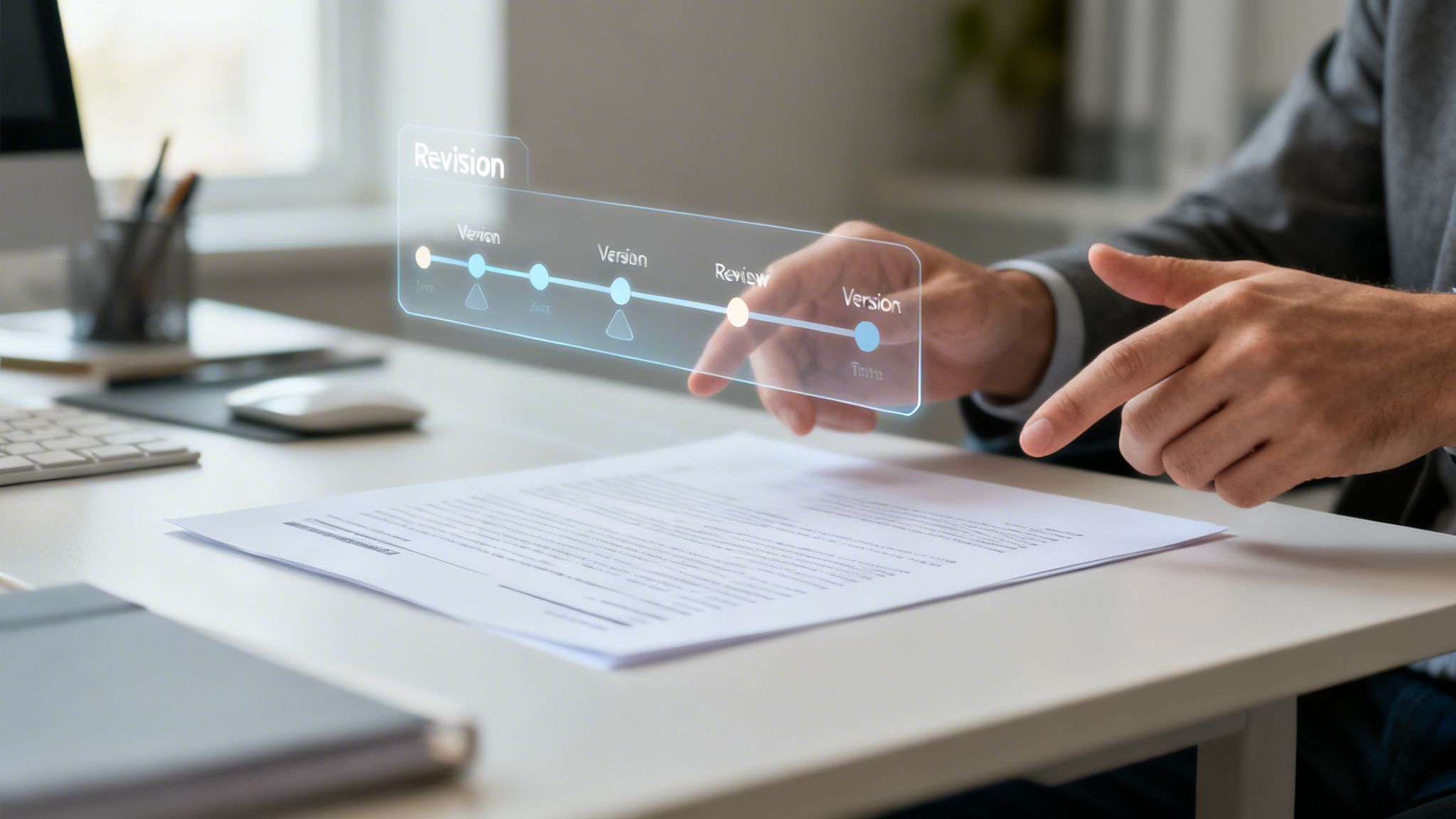 Nahaufnahme eines Geschäftsmannes, der mit einer holografischen Revisions-Zeitleiste über einem Dokument interagiert.