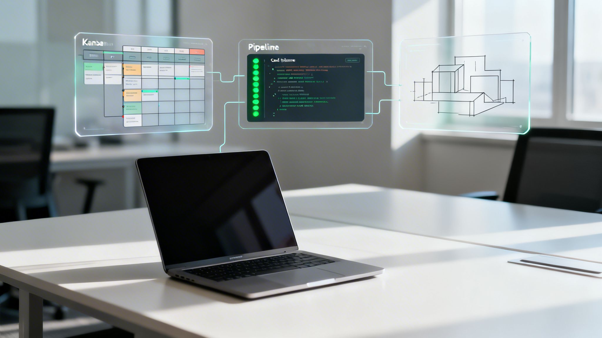 Arbeitsplatz mit Laptop, umgeben von transparenten Augmented-Reality-Anzeigen für Softwareentwicklung.