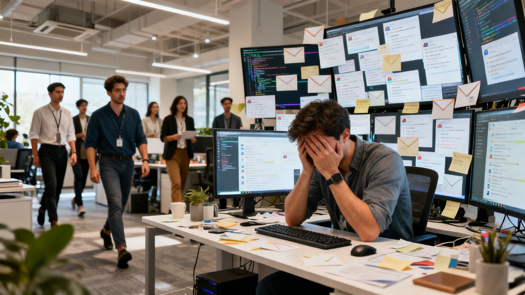 Ein überarbeiteter IT-Mitarbeiter im Büro, der verzweifelt mit den Händen vor dem Gesicht am Schreibtisch sitzt.