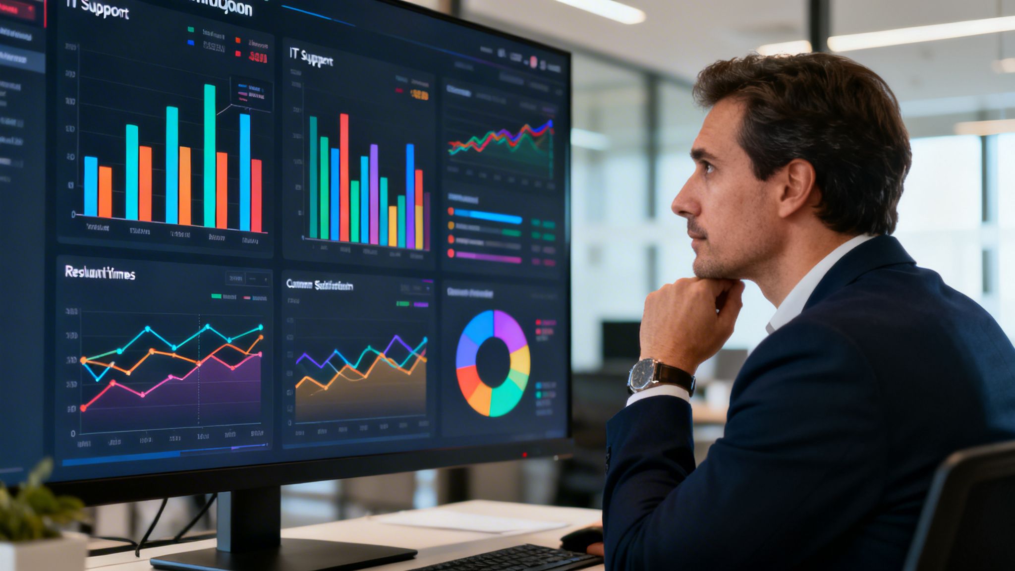 Ein fokussierter Geschäftsmann betrachtet IT-Support-Dashboards mit verschiedenen Leistungsdiagrammen auf einem großen Computerbildschirm in einem modernen Büro.