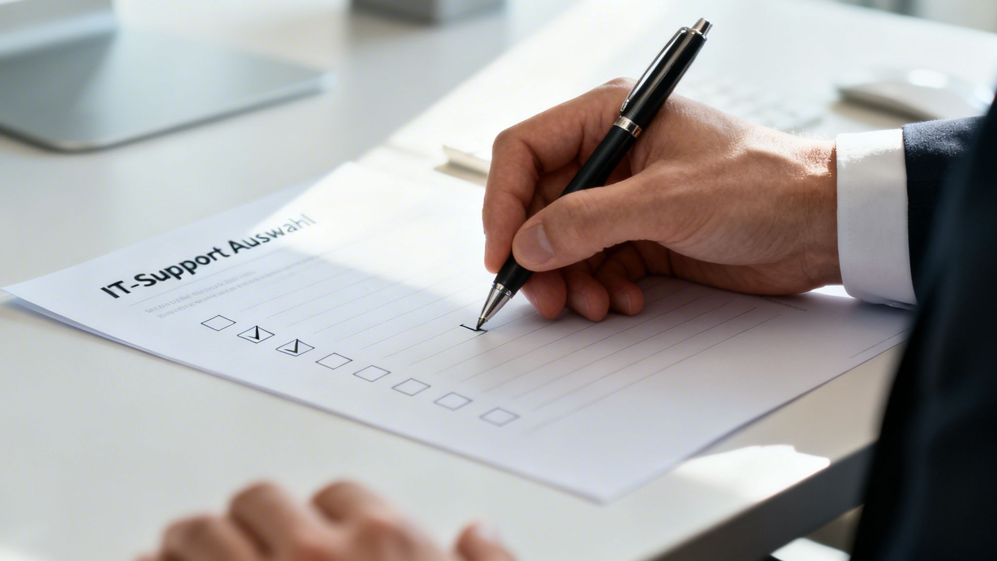Ein Geschäftsmann füllt ein IT-Support Auswahlformular mit einem Stift an seinem Schreibtisch im Büro aus.