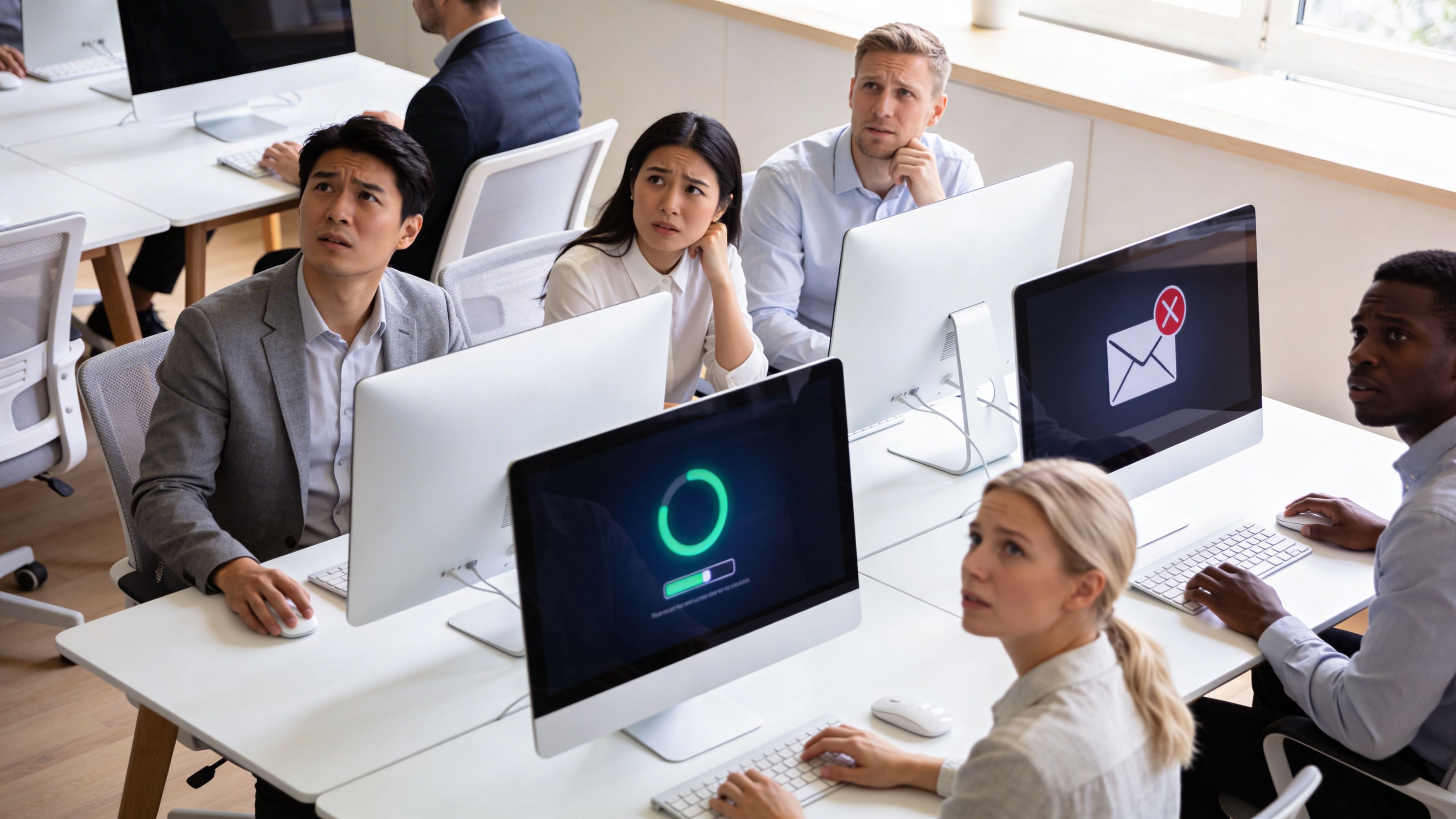 Ein besorgtes Team von Büroangestellten schaut bei IT-Problemen mit Fehlermeldungen auf ihren Computerbildschirmen ratlos nach oben.