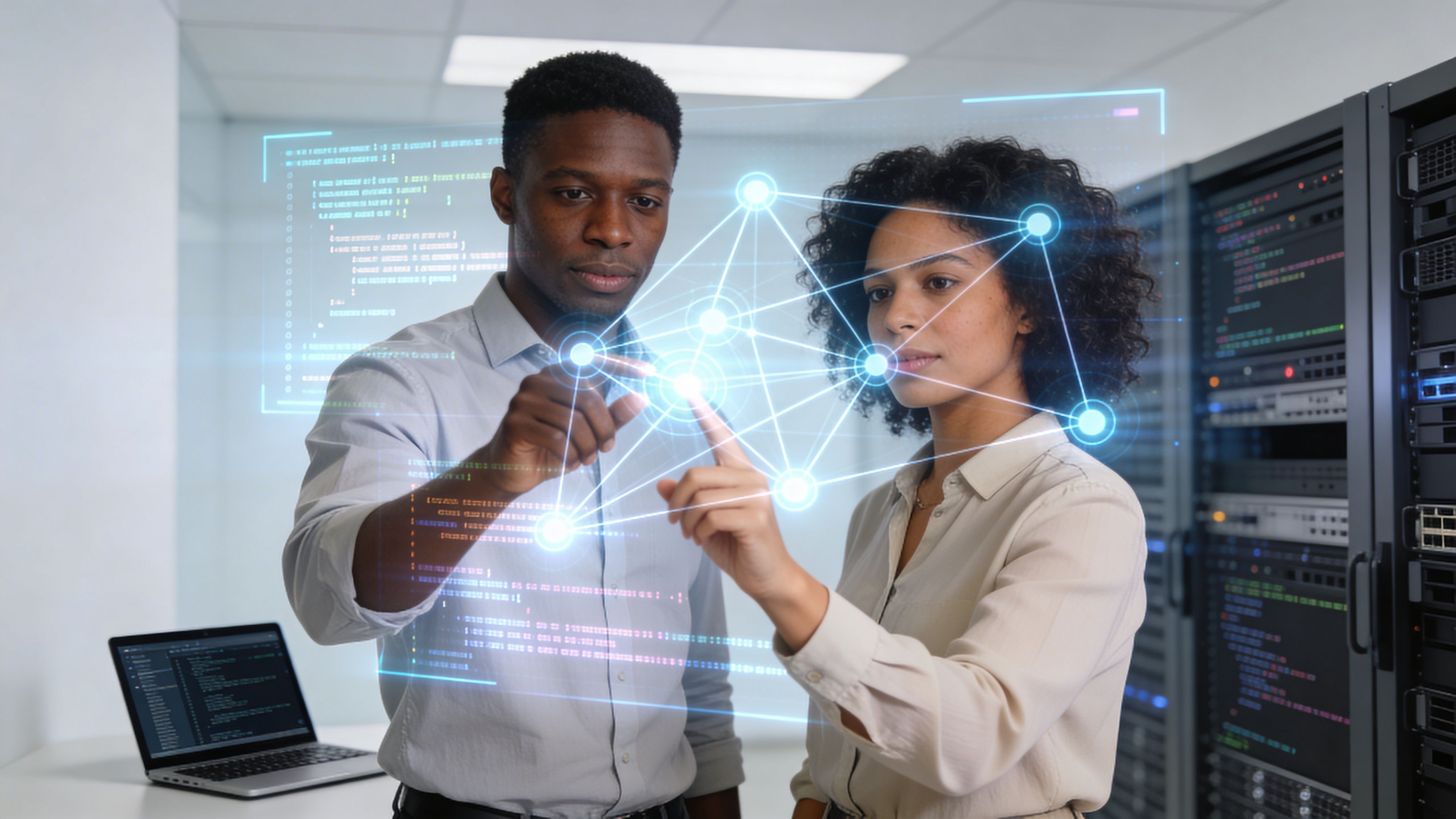 Ein männlicher und eine weibliche IT-Experten arbeiten mit einer digitalen Netzwerkschnittstelle in einem Serverraum zusammen.