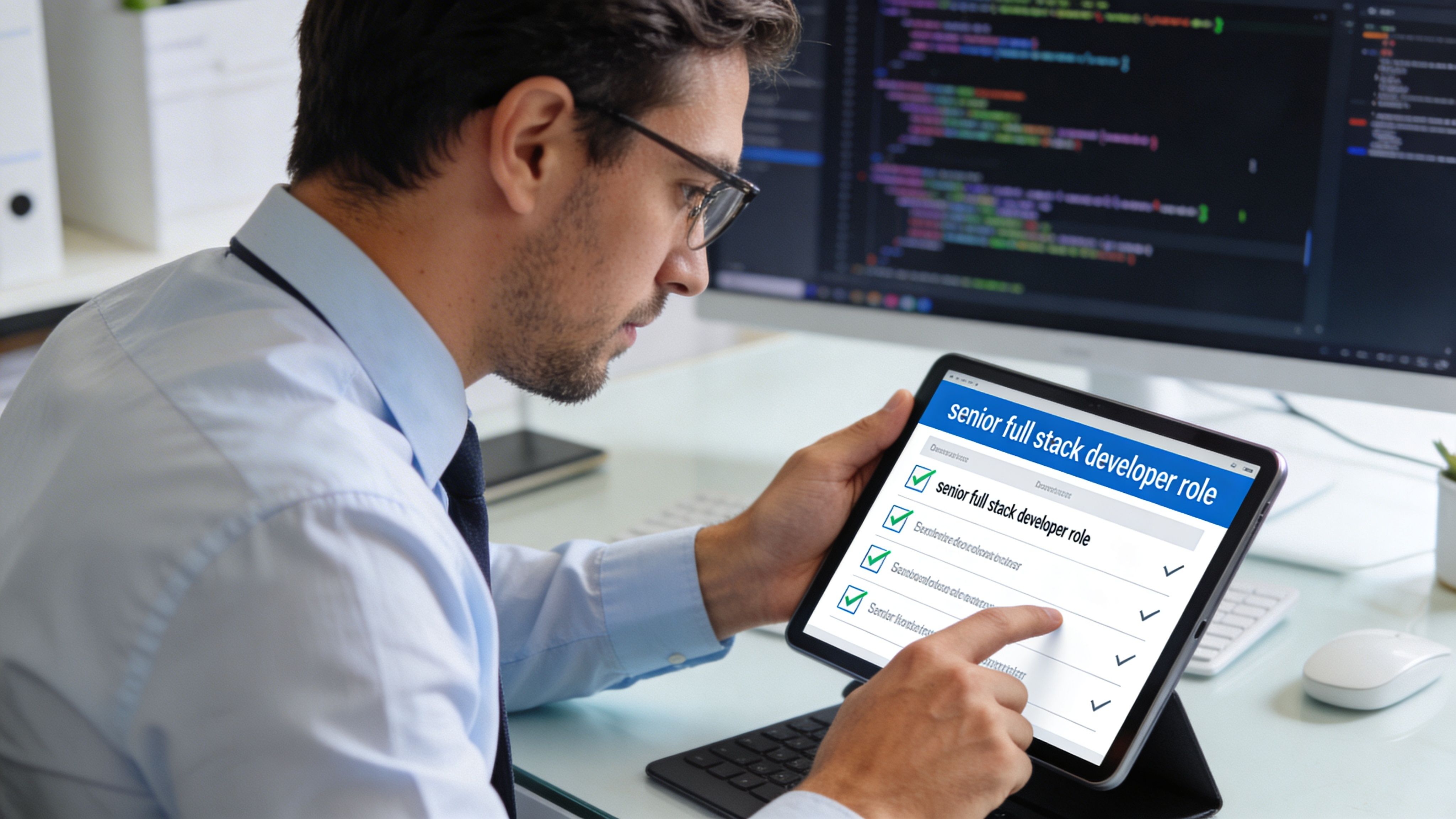 Ein fokussierter Softwareentwickler prüft eine Checkliste für eine Senior Full-Stack-Entwicklerstelle auf seinem Tablet-Computer.