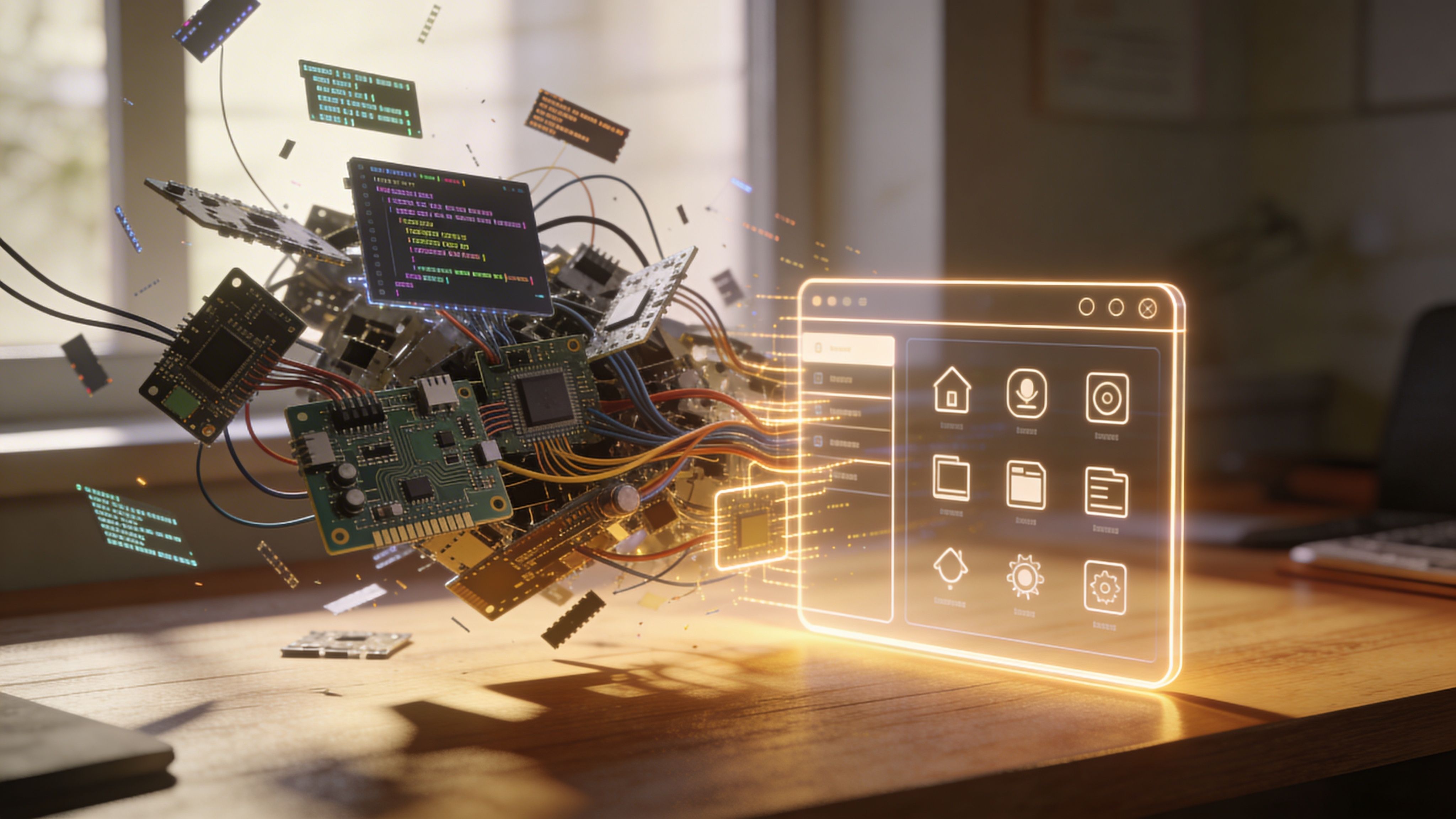 Eine schwebende Ansammlung von Computerplatinen und Code-Fragmenten, die eine leuchtende digitale Benutzeroberfläche auf einem Holztisch erzeugen.